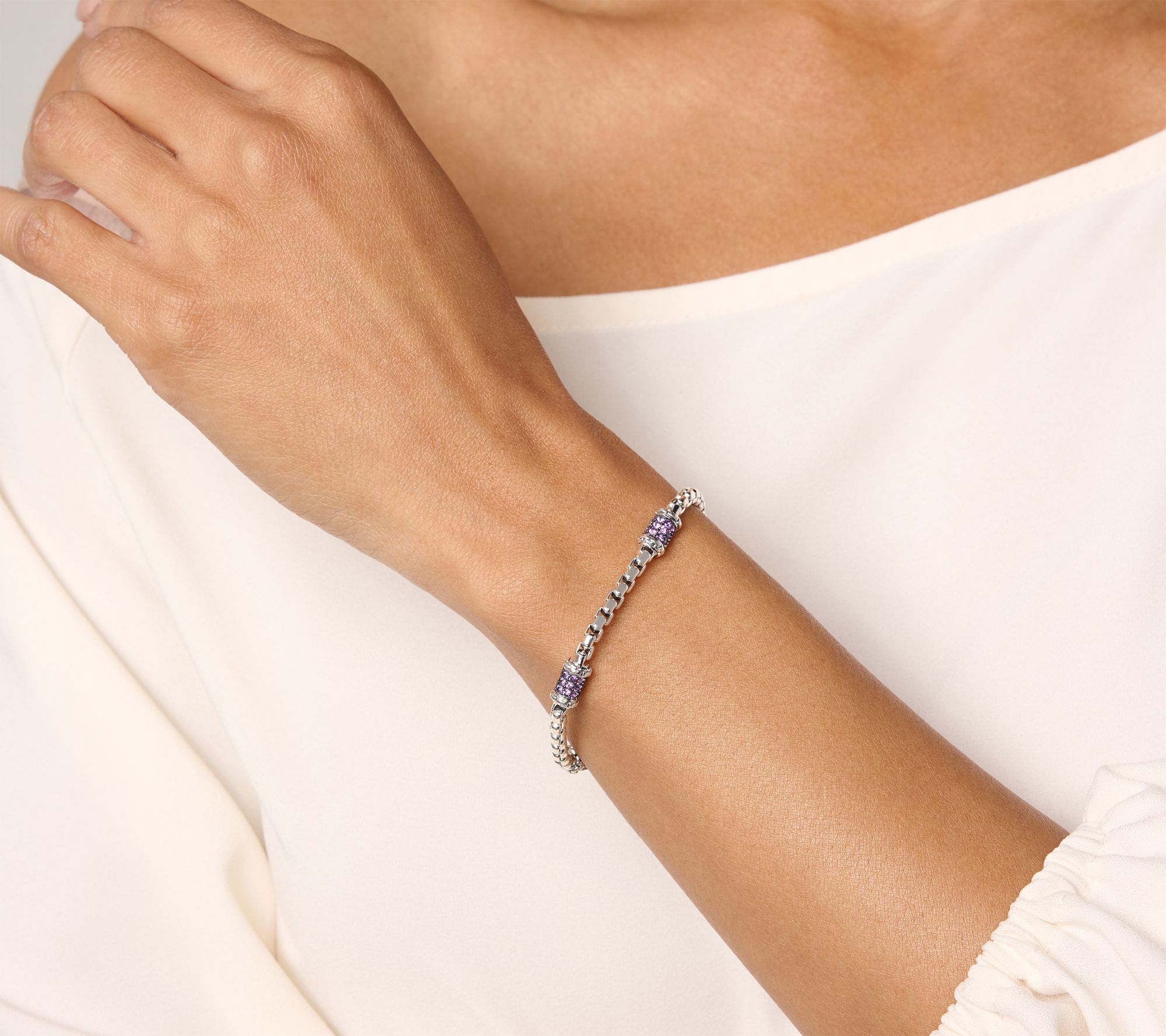 JAI Sterling Silver Pave Station 3.7mm Box Chain Bracelet, 13.0g