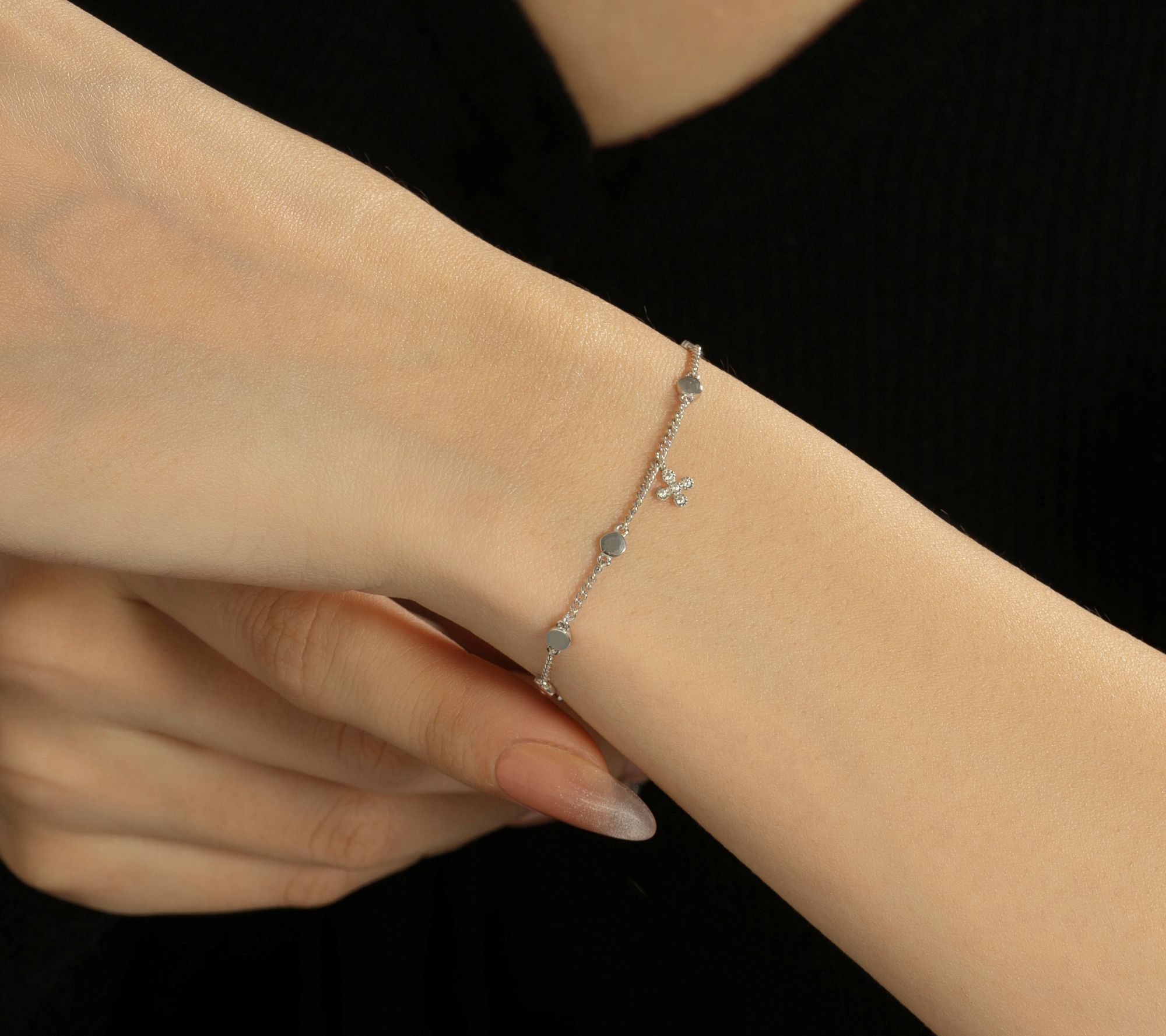 Diamonique Station & Cross Charm Bracelet, Sterling Silver