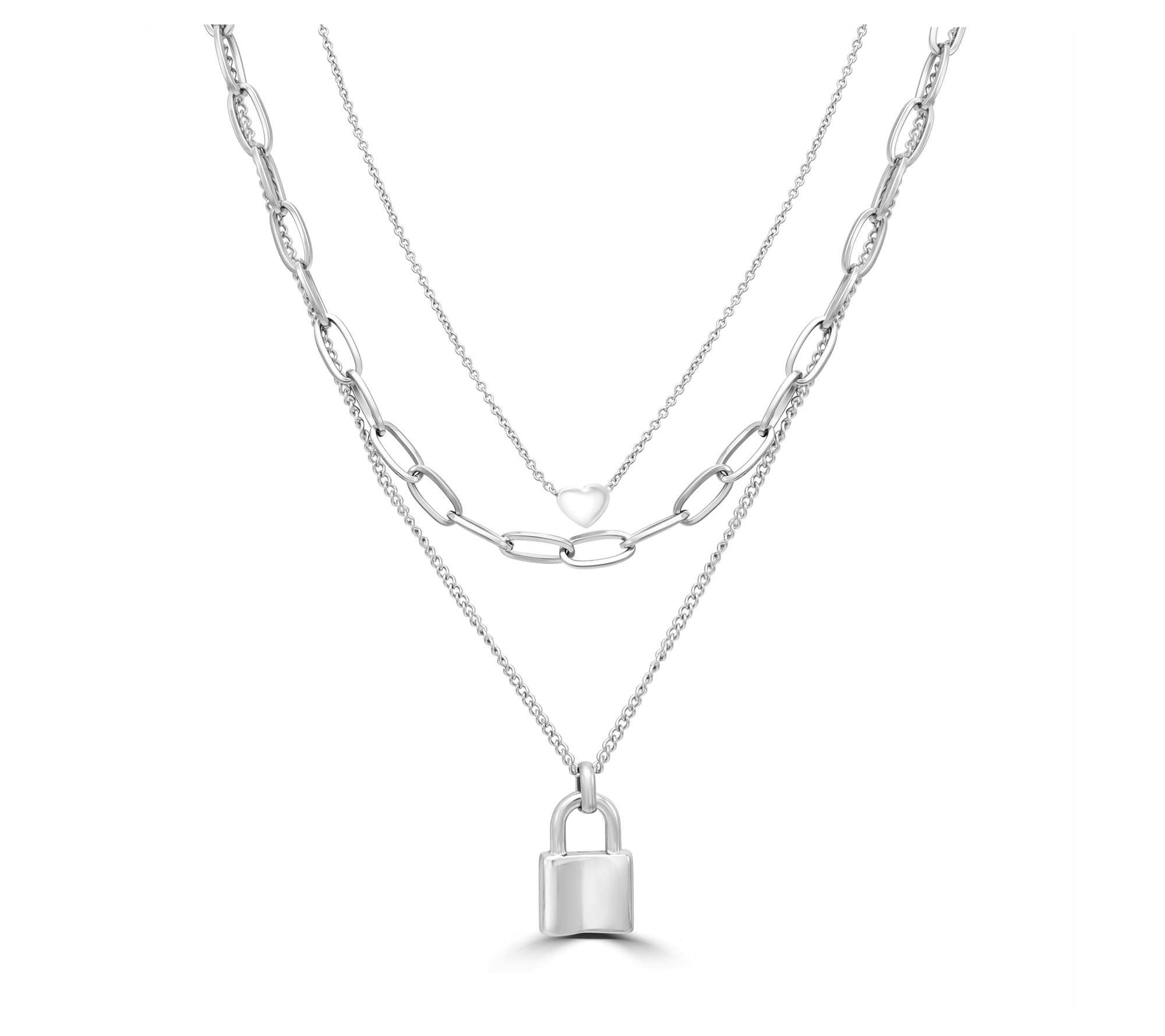 Steel by Design Multi-Layer Paperclip Lock & He art Necklace