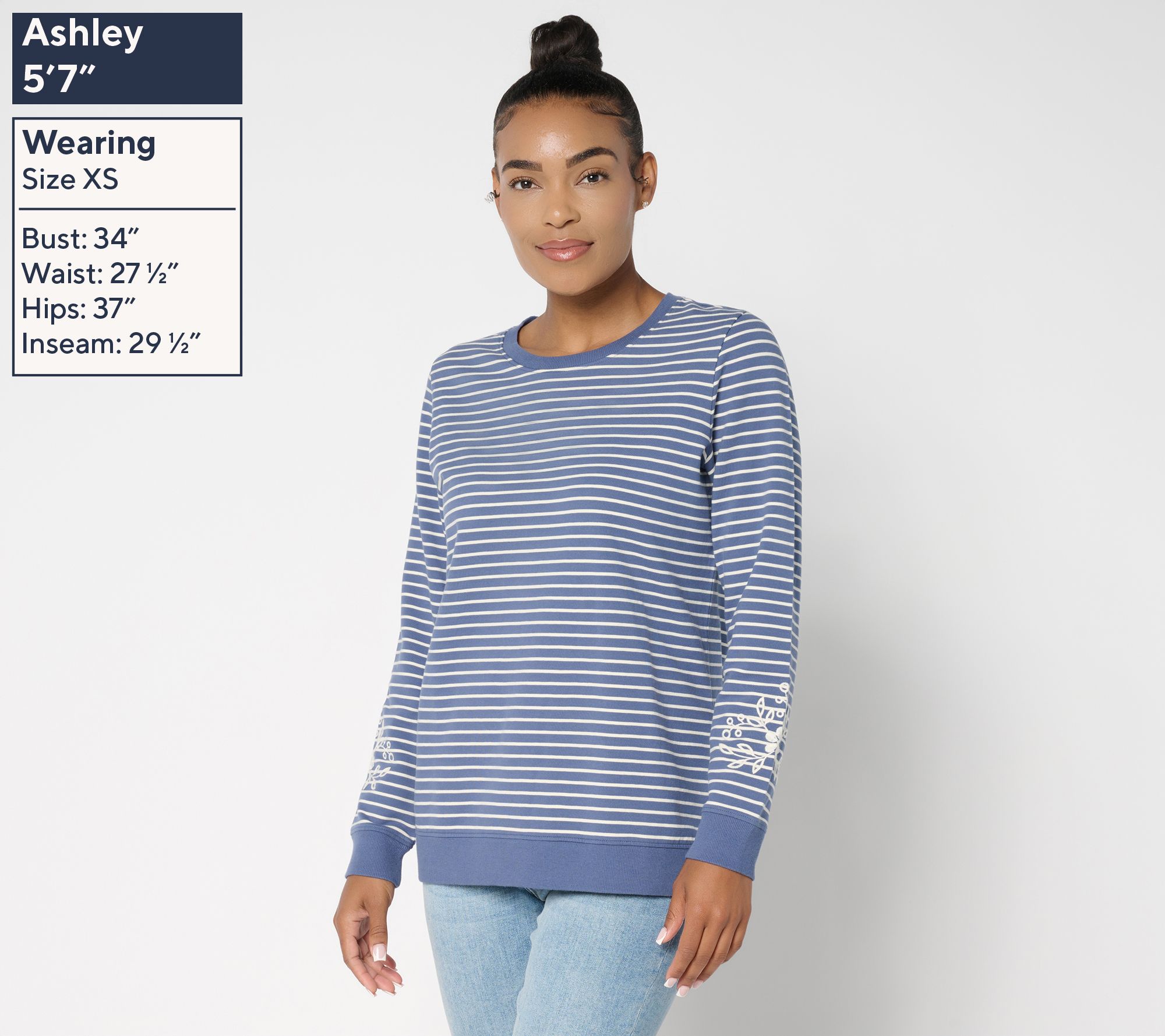 Denim & Co. Yarn Dye Stripe French Terry Pullover with Embroidery
