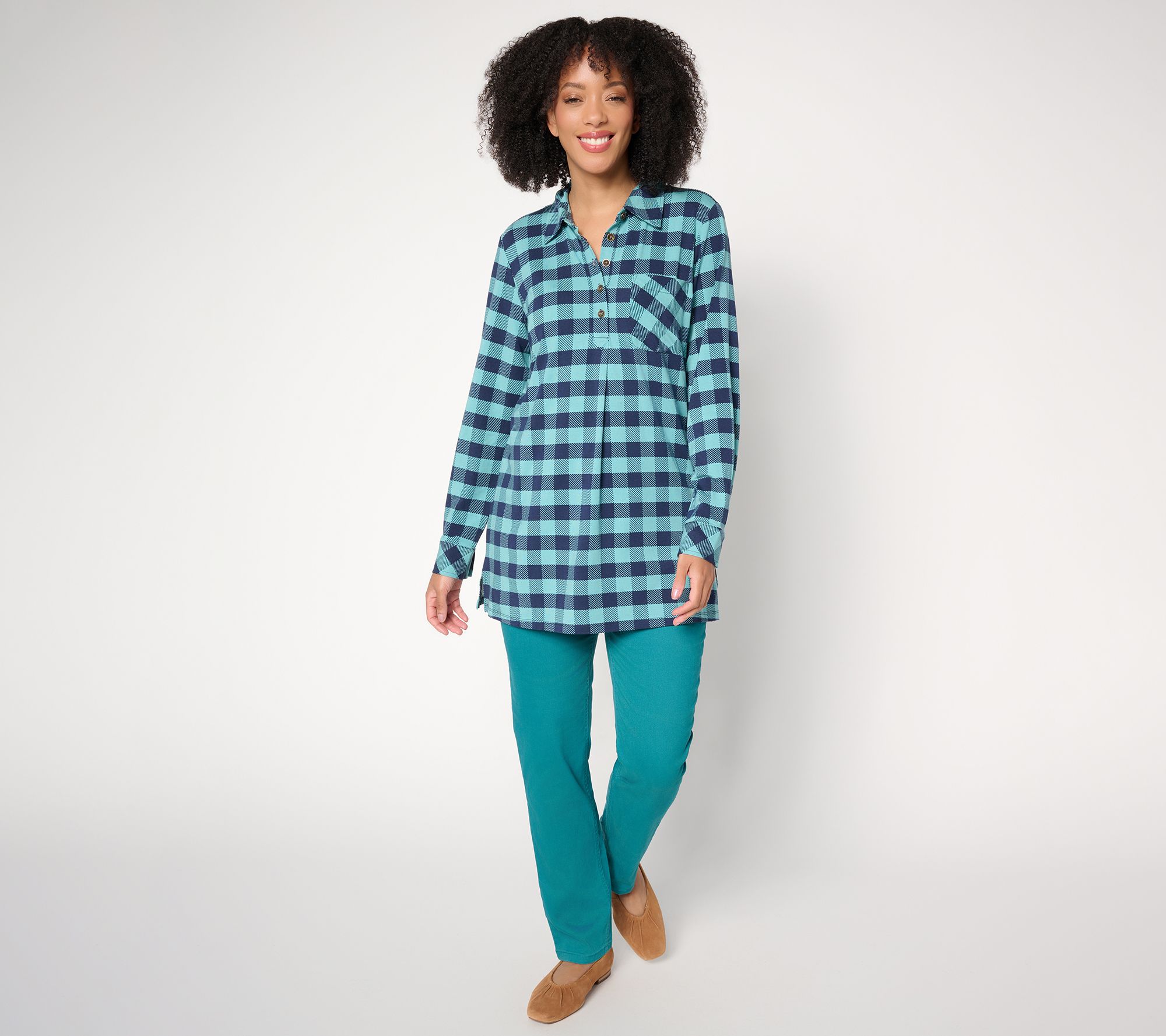 Denim & Co. Regular Buffalo Check So Soft Jersey Henley Tunic