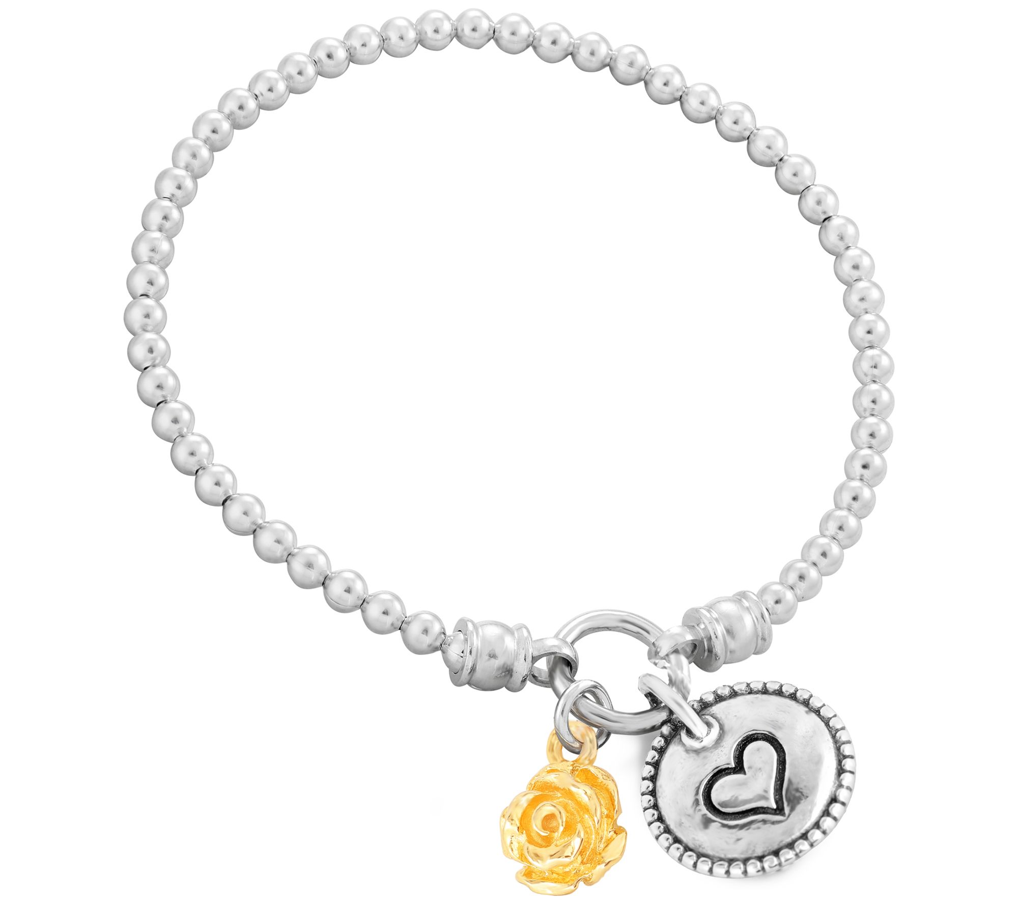 Or Paz Two-Tone Rose and Heart Charm Beaded Bracelet