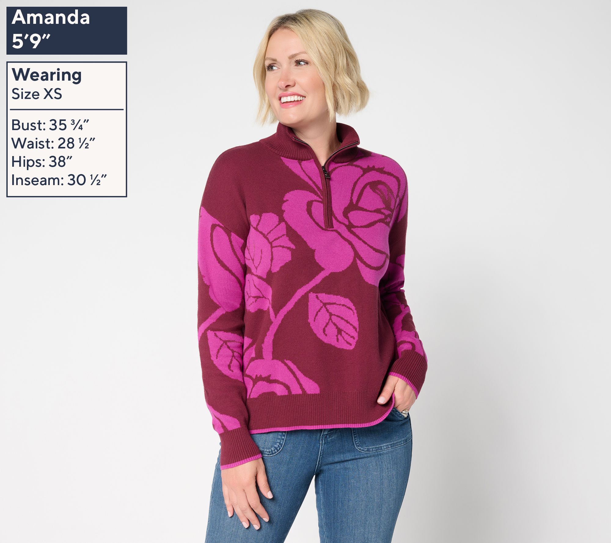 Belle by Kim Gravel Falling for Fall Floral Intarsia Half Zip Sweater
