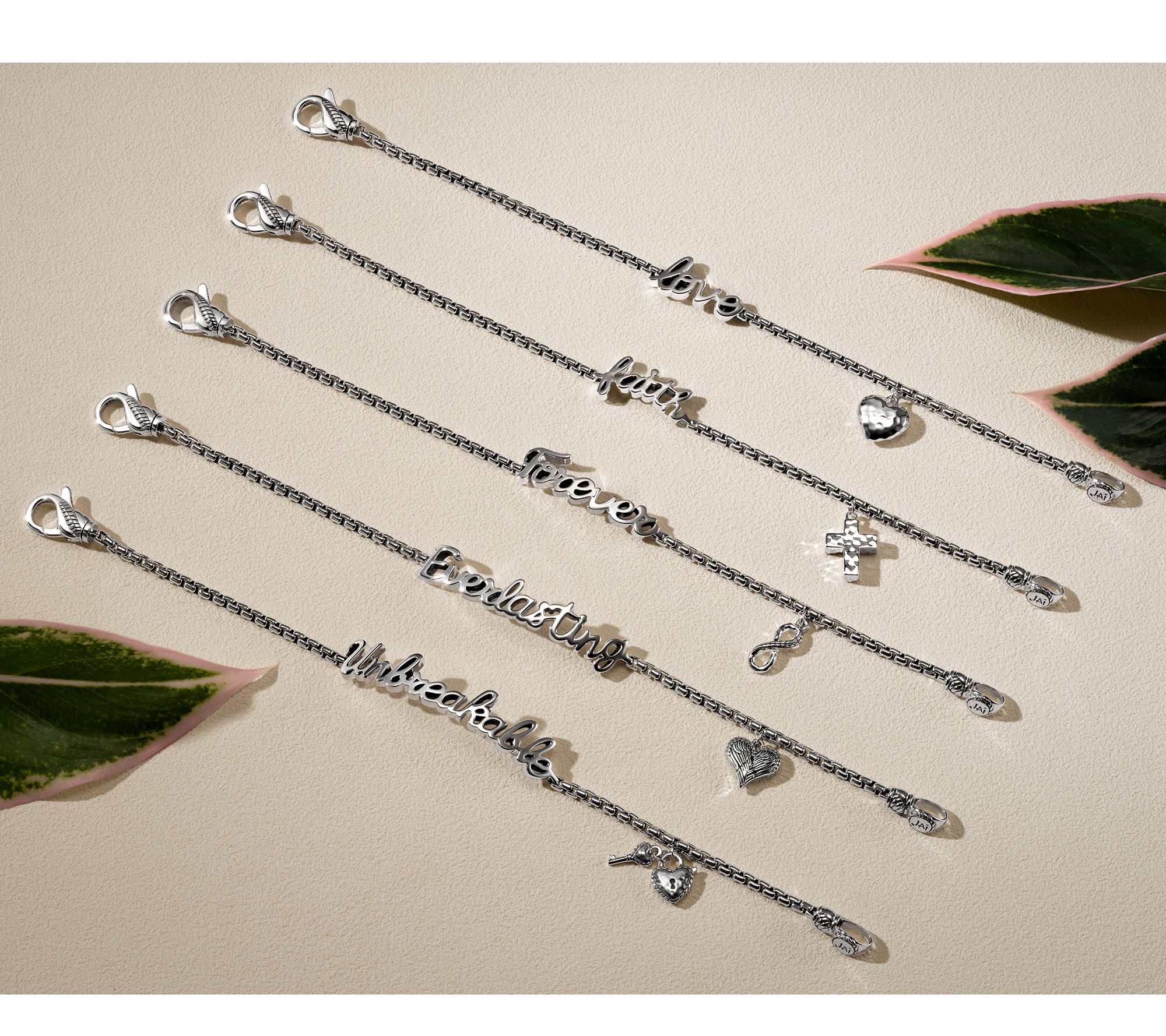 JAI Sterling Silver Script Charm Box Chain Bracelet, 9.5g