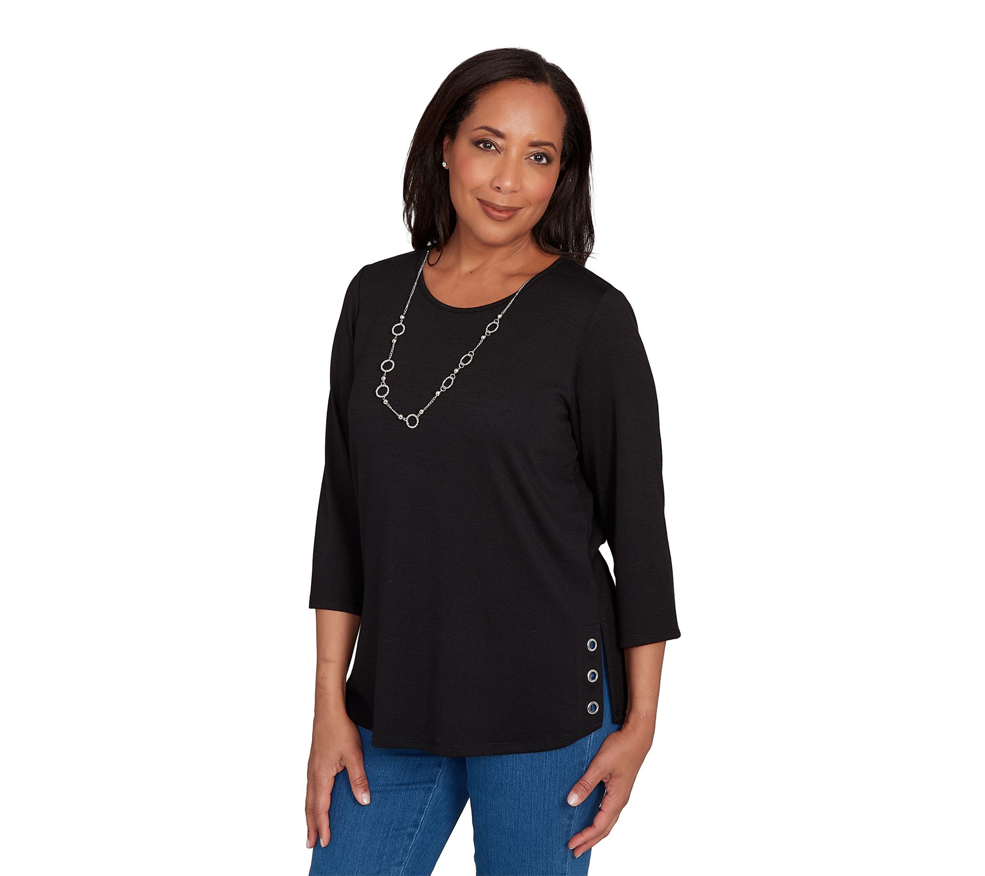 Alfred Dunner Petite Melange Side Button Top with Necklace