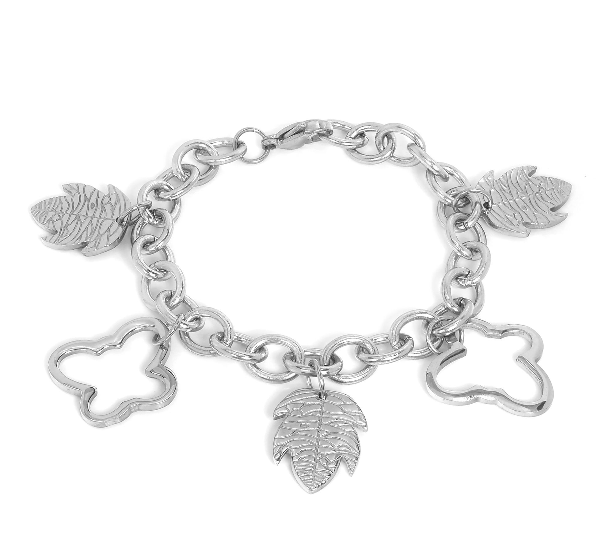 Steel by Design Open Butterfly & Leaf Charm Bracelet