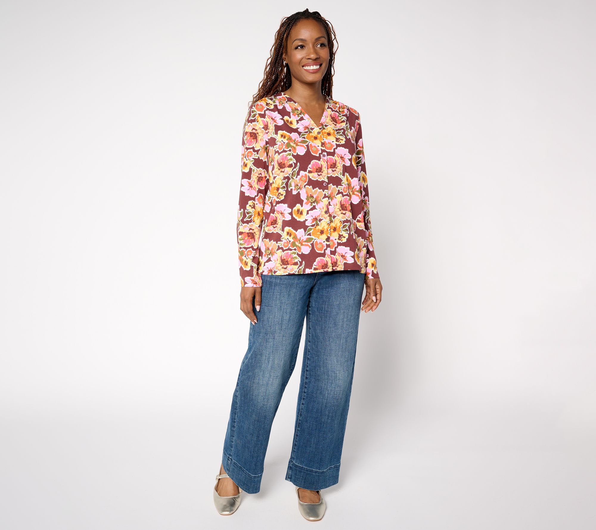 Denim & Co. Printed Favorite Jersey V-Neck Top