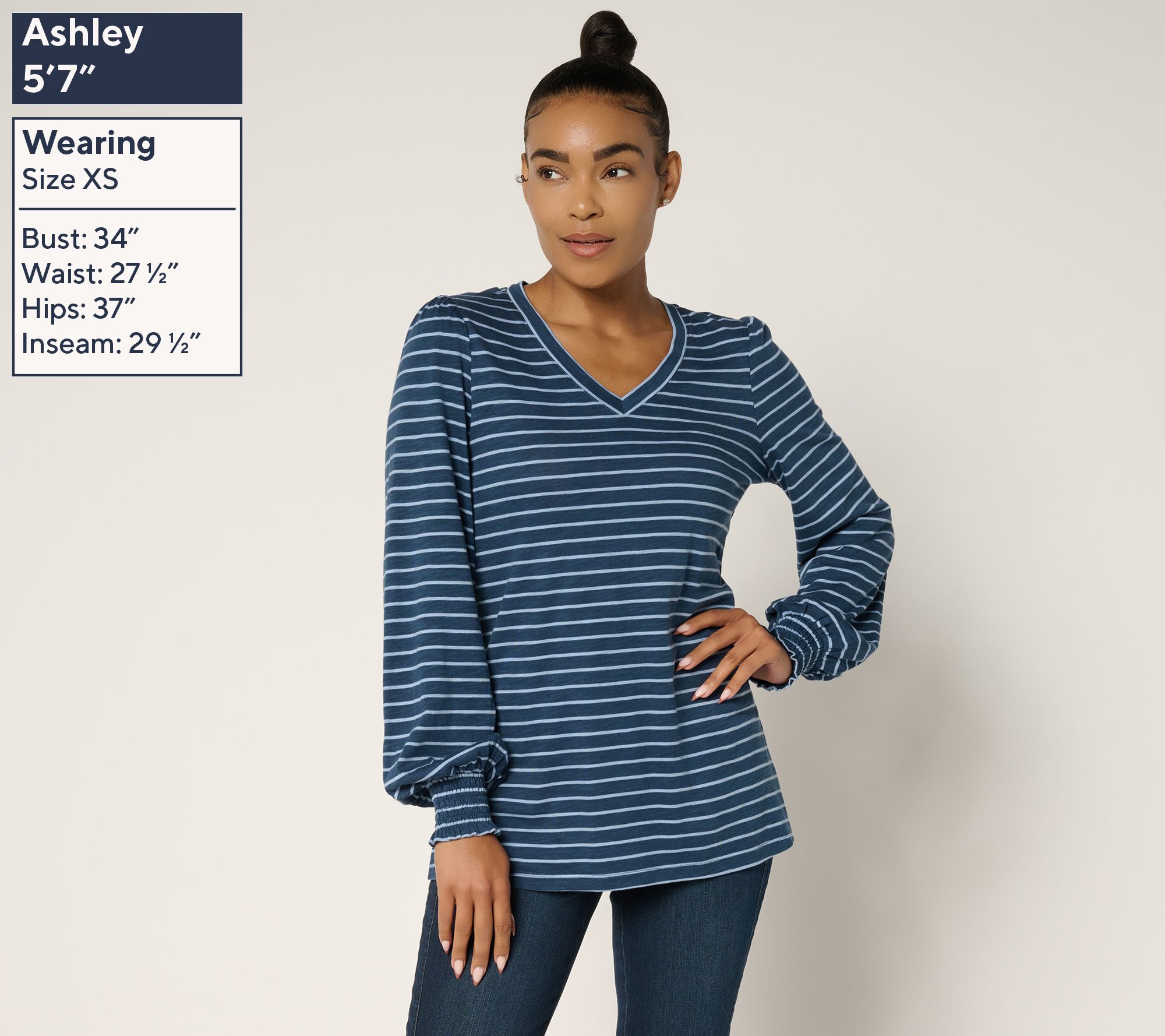 Belle by Kim Gravel Slub Knit Pinstripe V Neck Top