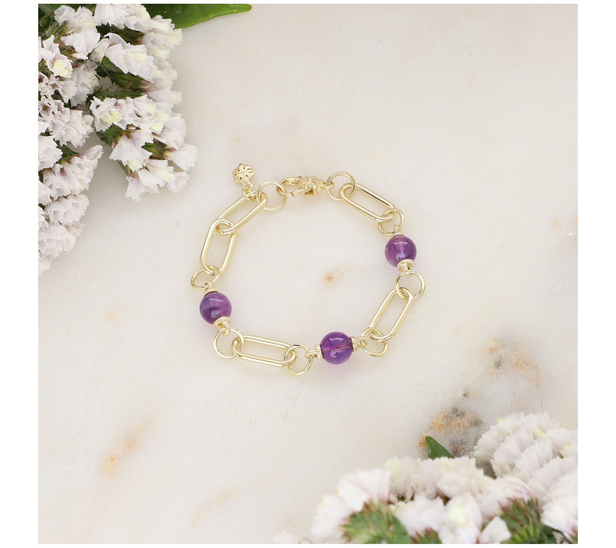 Ariva 18K Gold Clad Paperclip Link Gemstone Bead Bracelet