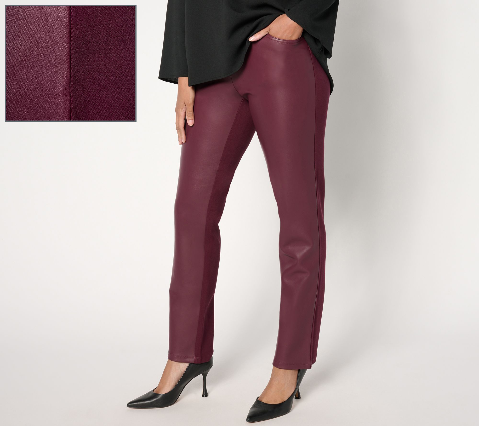 Belle by Kim Gravel Regular Faux Leather Front, Ponte Back Pant