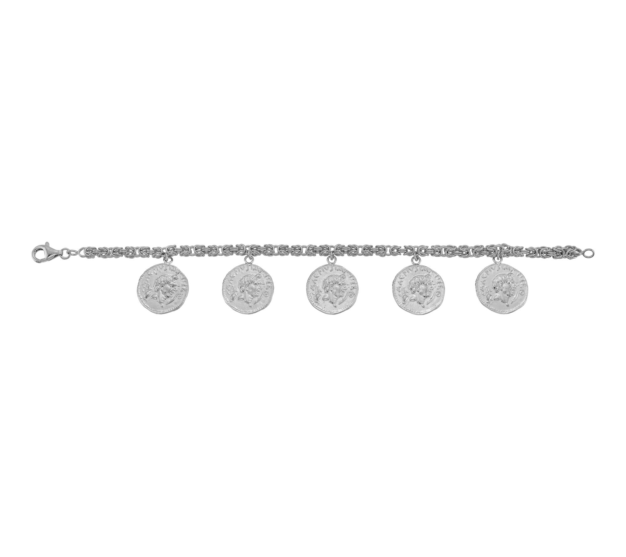 Silver Style Byzantine Dangle Coin Charm Bracelet, Sterling