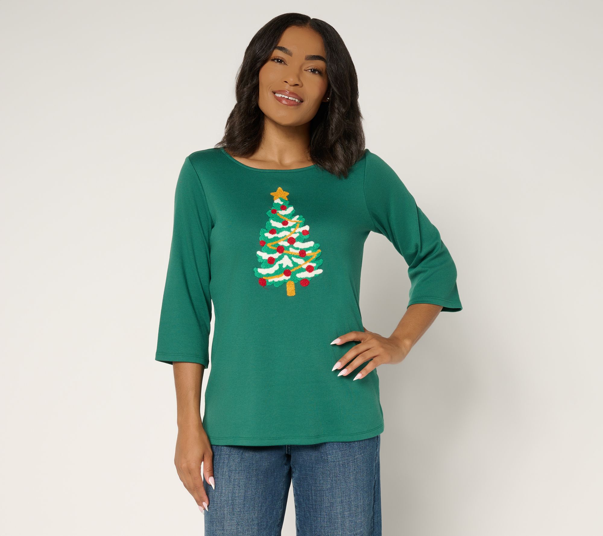Quacker Factory Punch Needle 3/4 Sleeve Christmas Tree Top