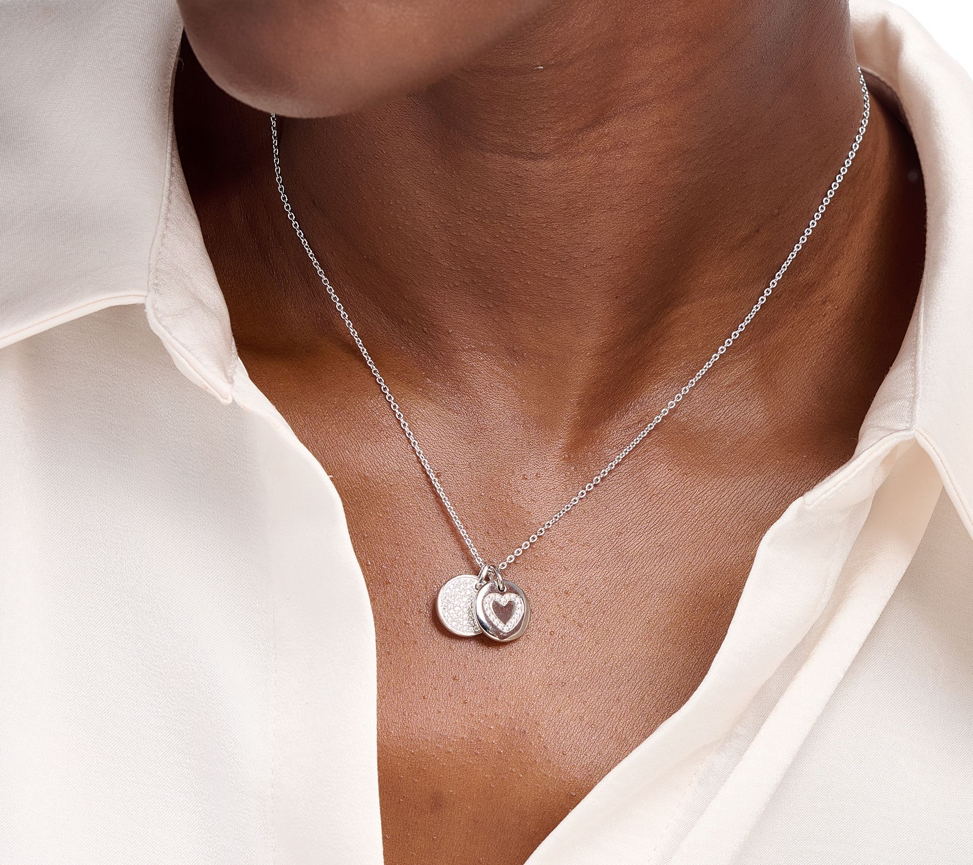 Diamonique Heart Charm Pendant Necklace, Sterling Silver