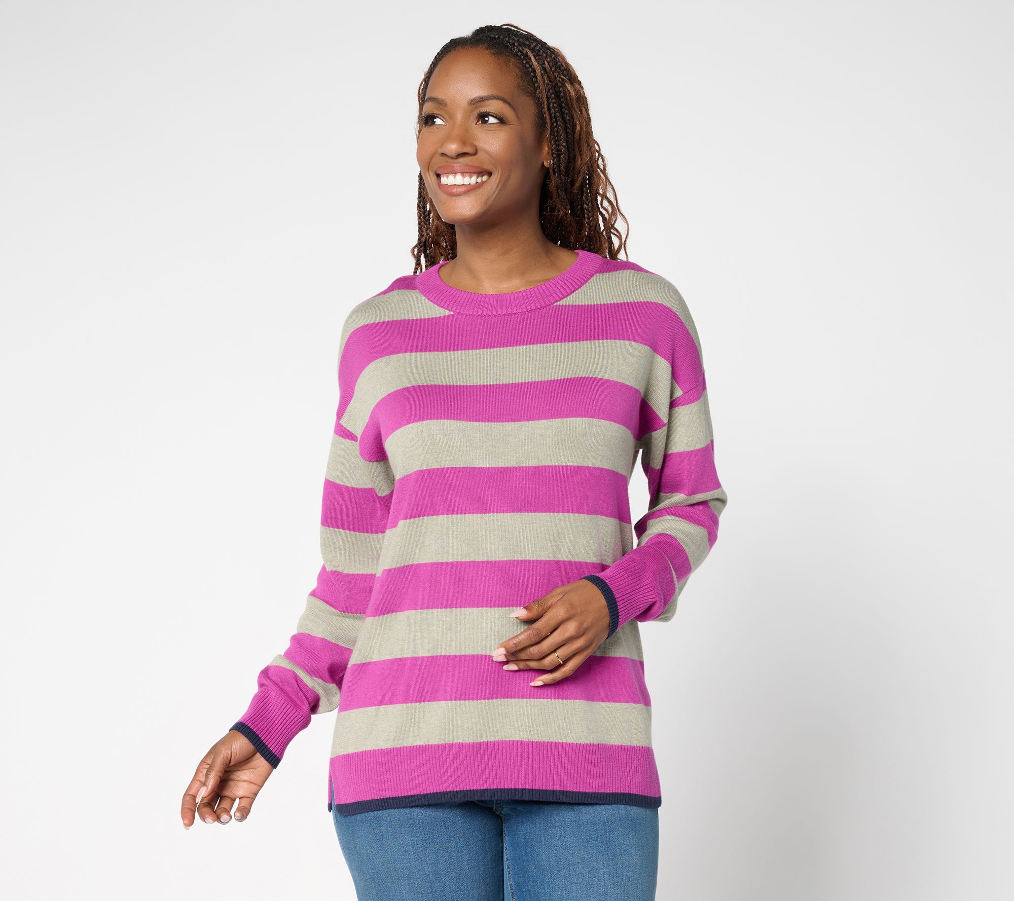 Belle by Kim Gravel Wide Striped Sweater with Pop Tipping
