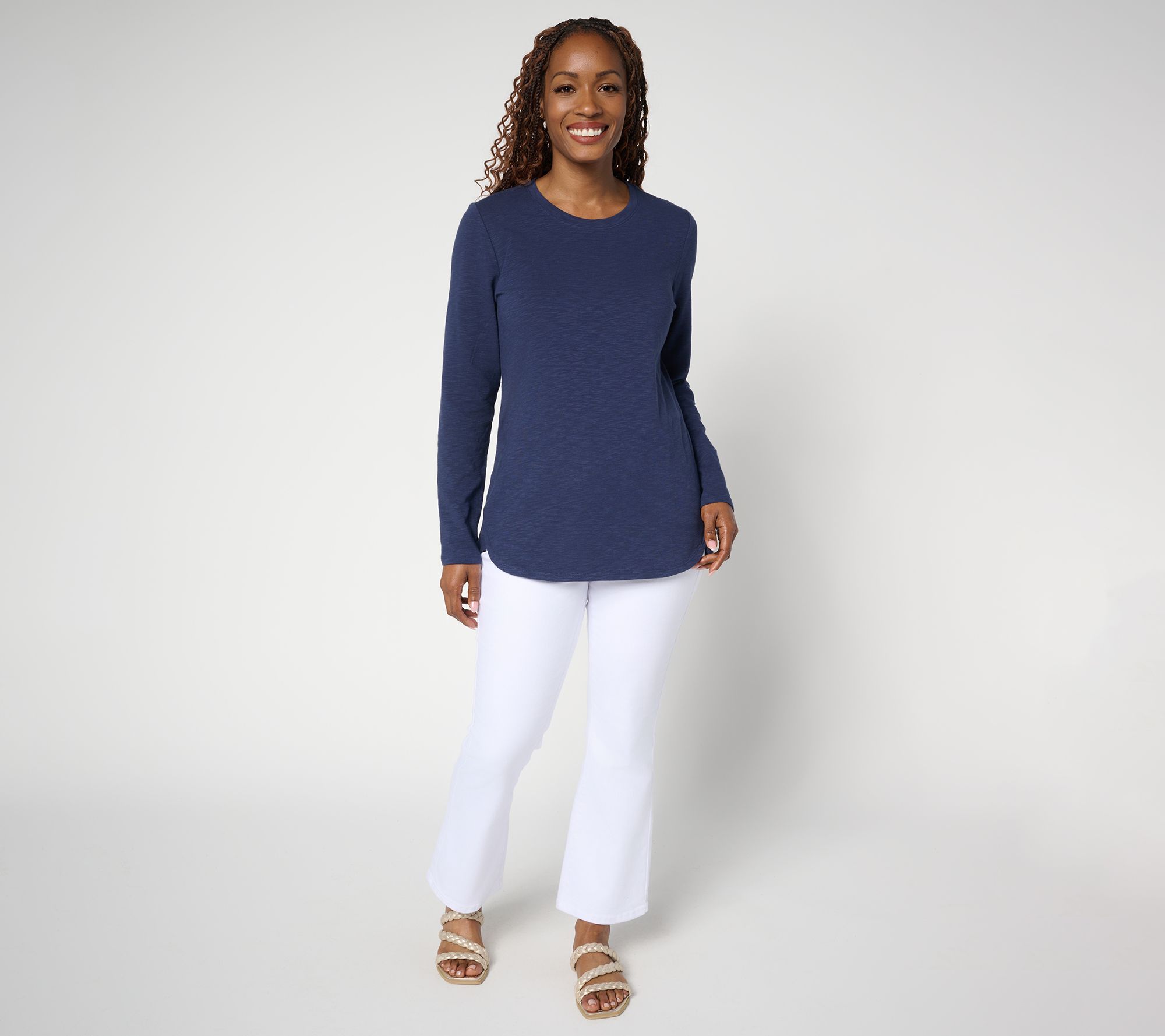 Denim & Co. Essentials Textured Knit Bracelet Sleeve Round Neck Top