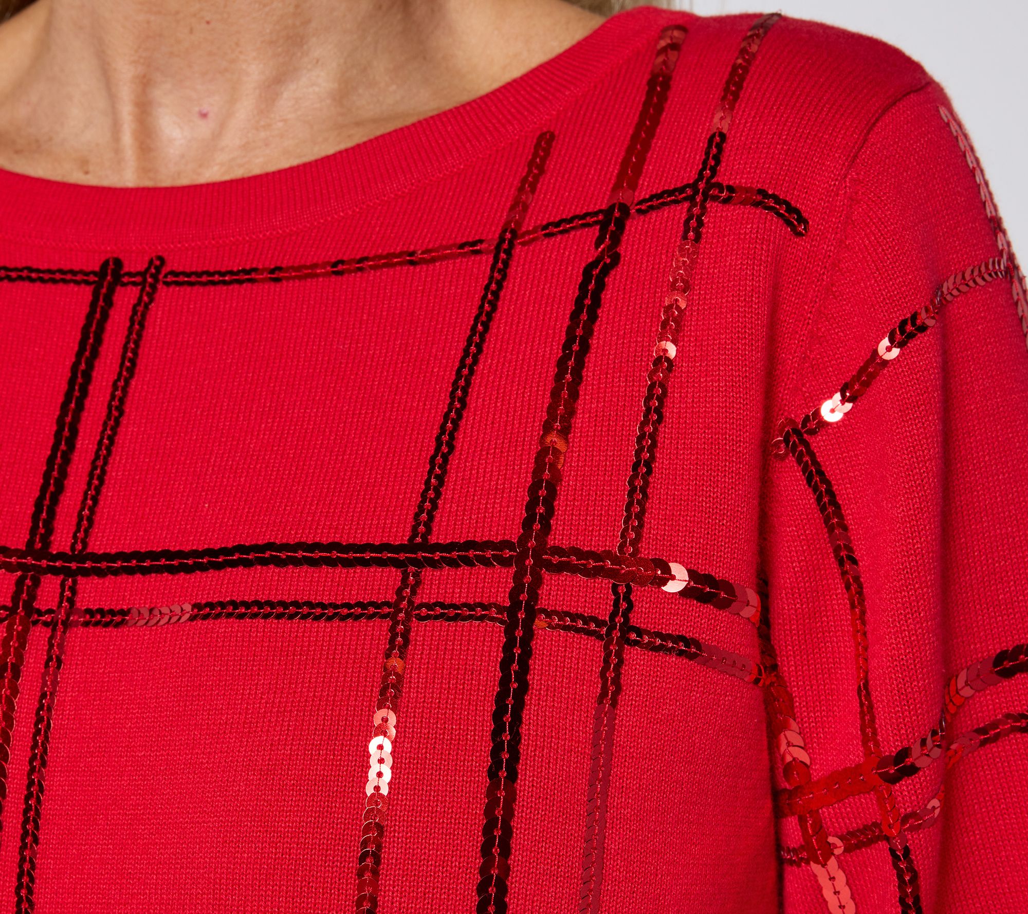 Denim & Co. Plaid Sequin Boat Neck Bracelet Sleeve Sweater