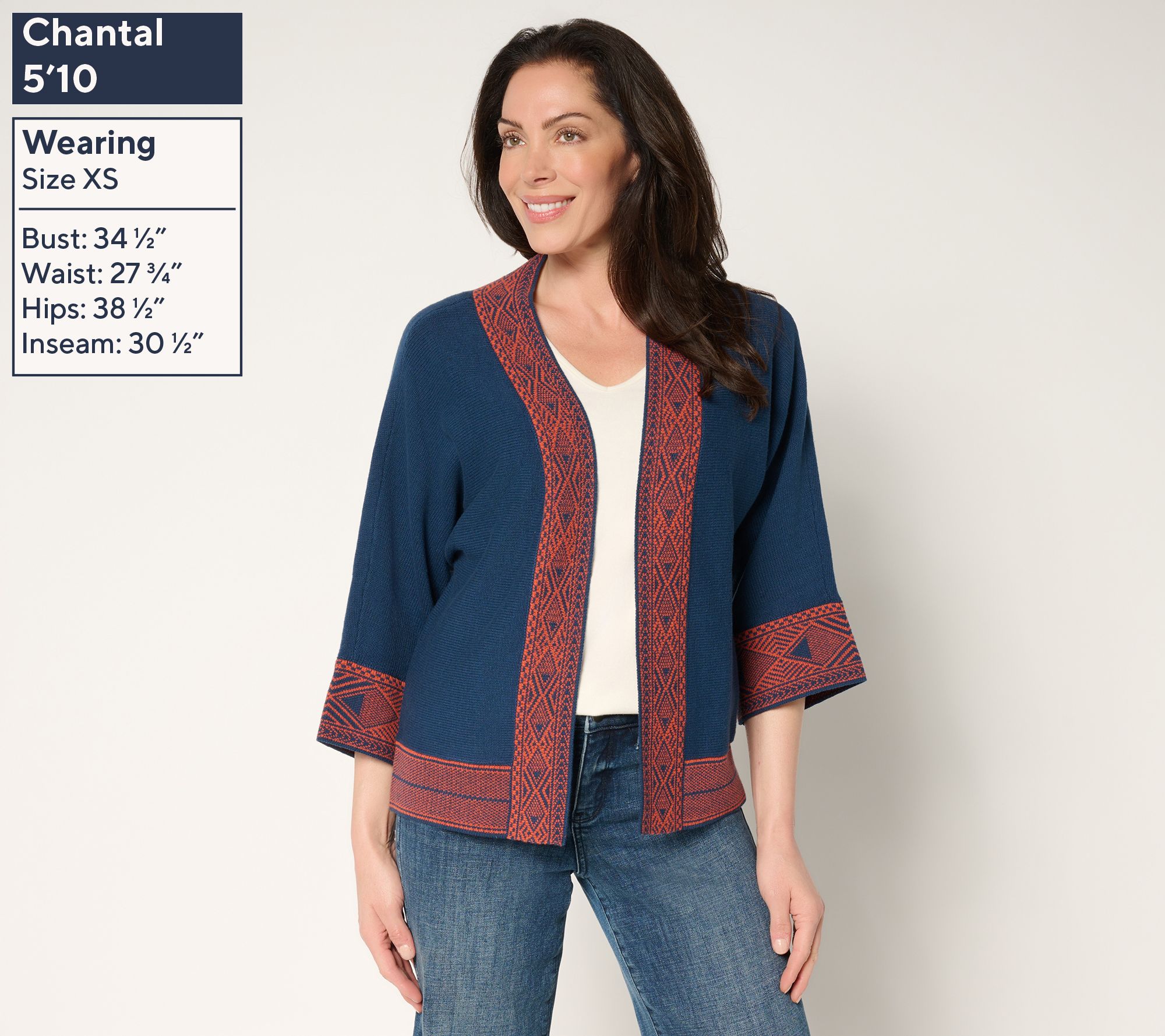Belle Boho by Kim Gravel Border Trim Open Front Cardigan
