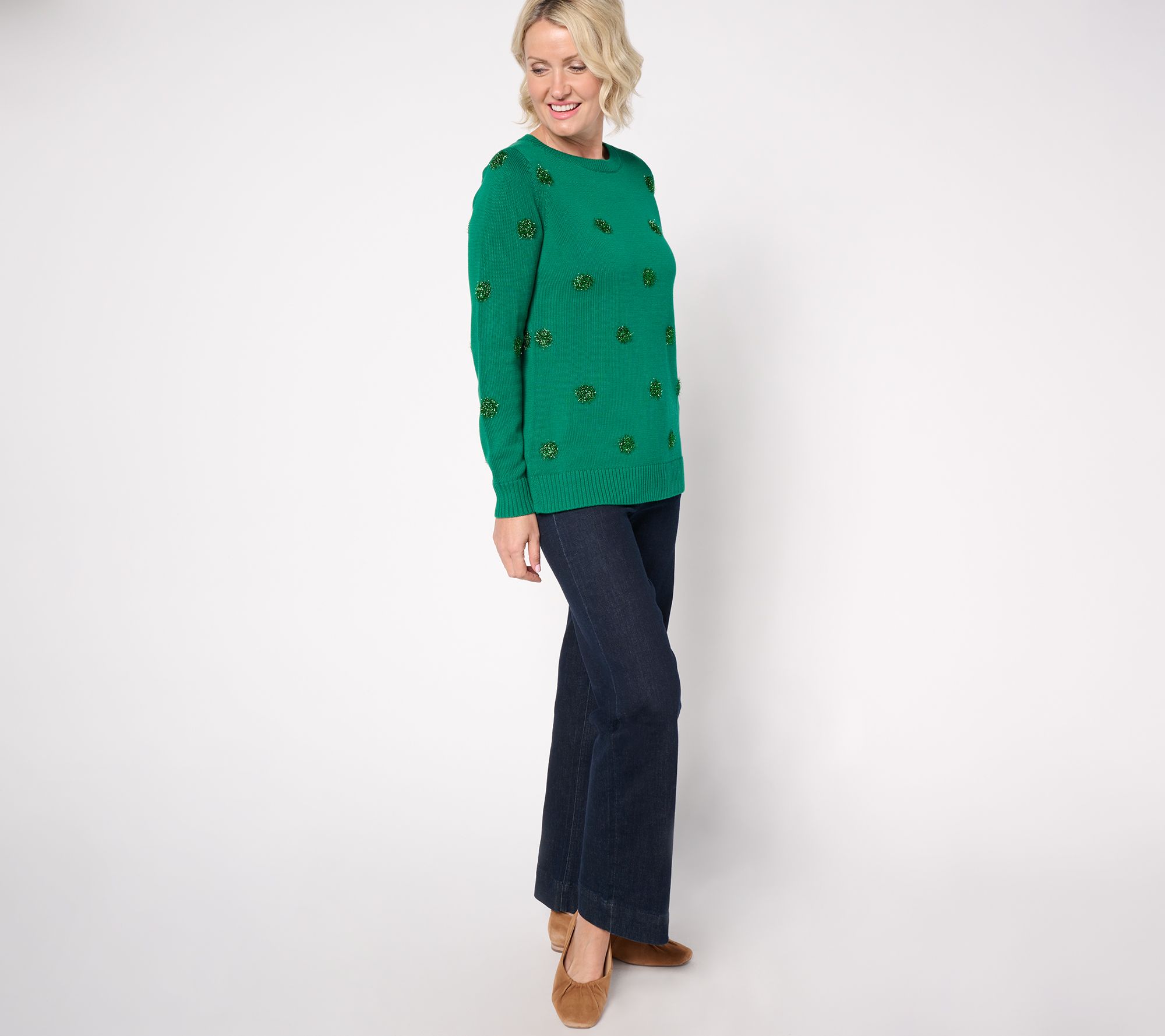Jingle Belles by Kim Gravel Tinsel Dots Bateau Neck Sweater
