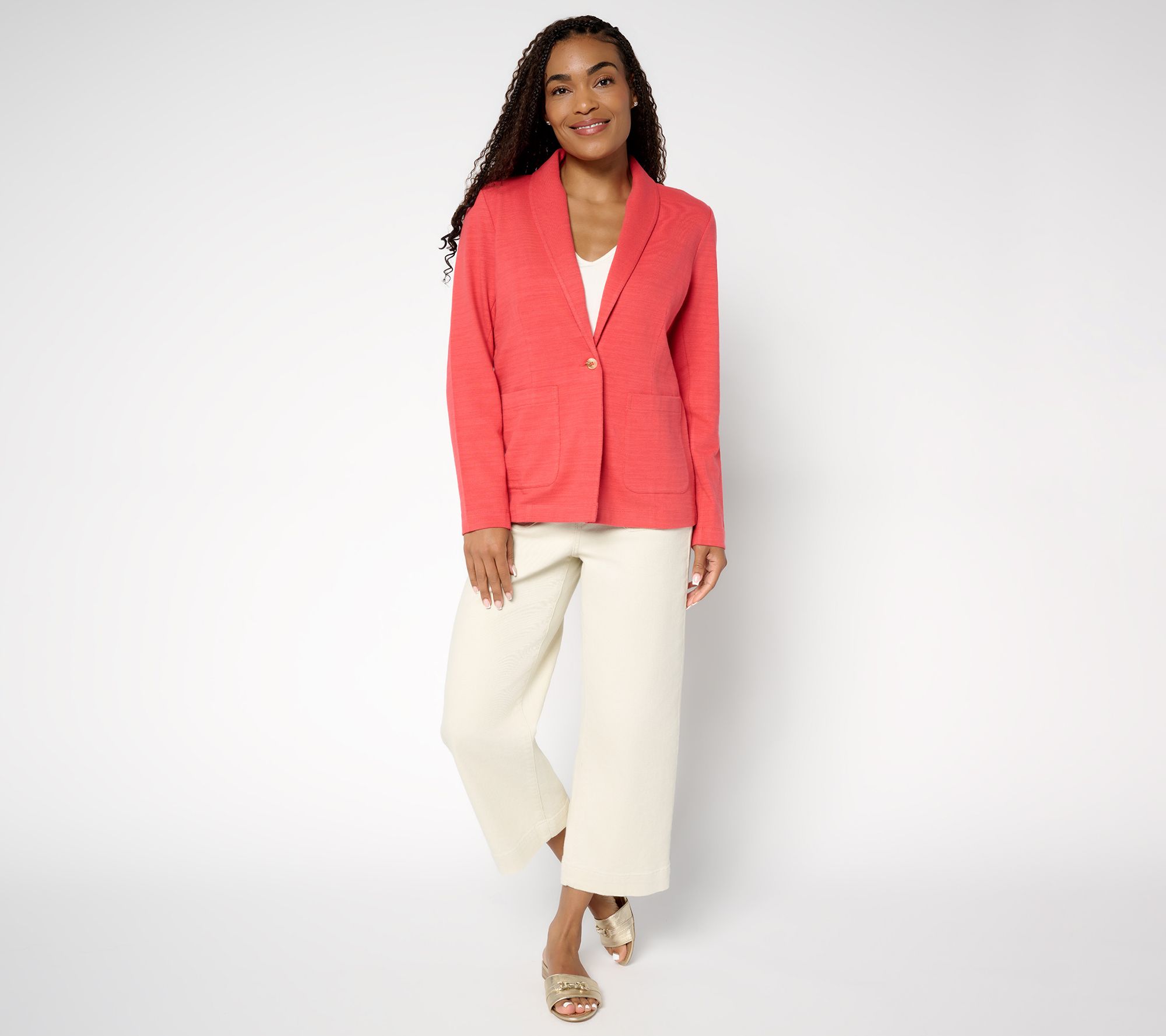 Denim & Co. Textured Cotton Button Front Blazer with Pockets