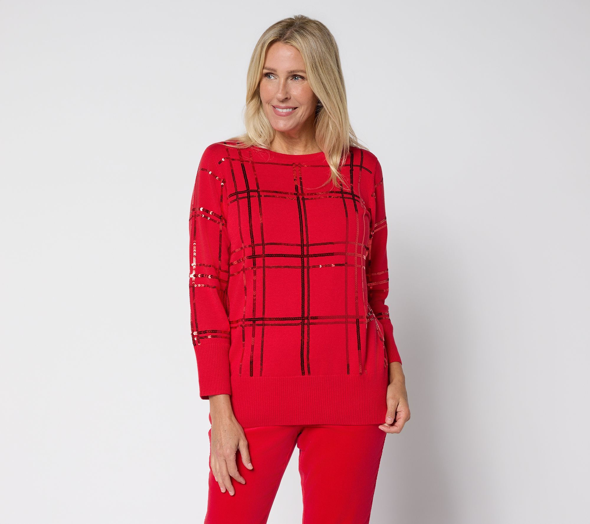 Denim & Co. Plaid Sequin Boat Neck Bracelet Sleeve Sweater