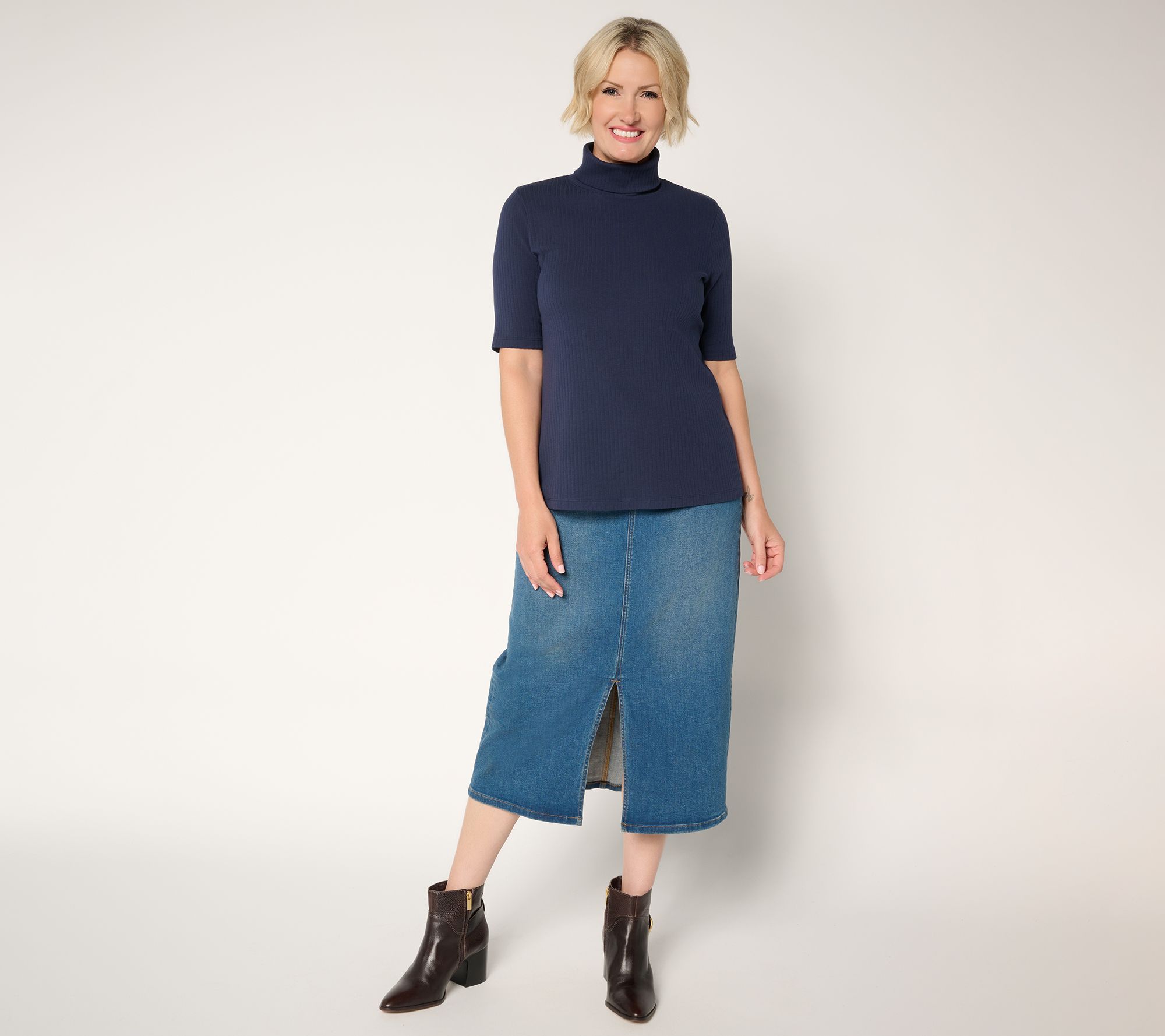 Denim & Co. Essentials Ribbed Elbow Sleeve Turtleneck Top