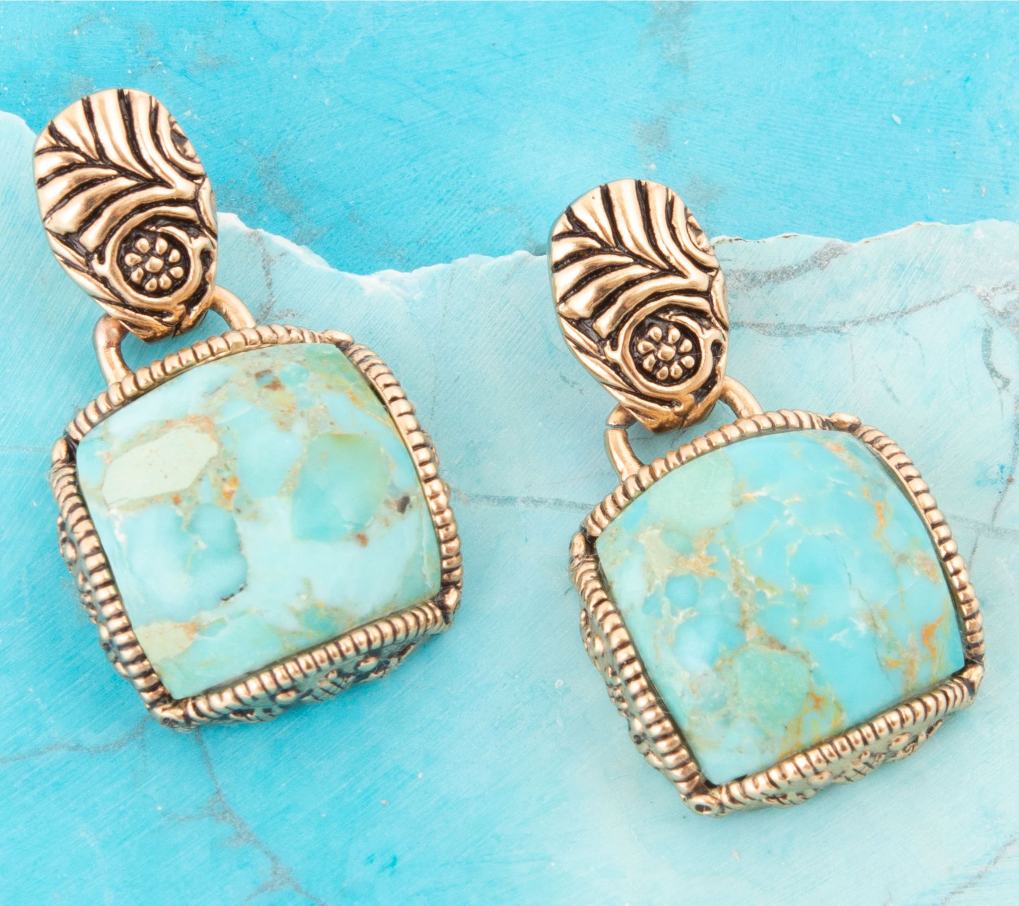 Barse Artisan Crafted Bronze Carved Turquoise Earrings