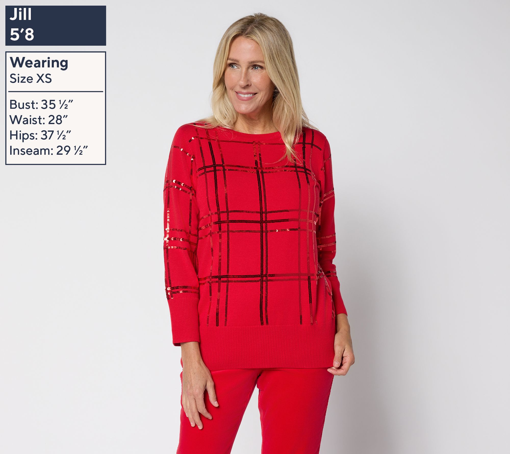 Denim & Co. Plaid Sequin Boat Neck Bracelet Sleeve Sweater