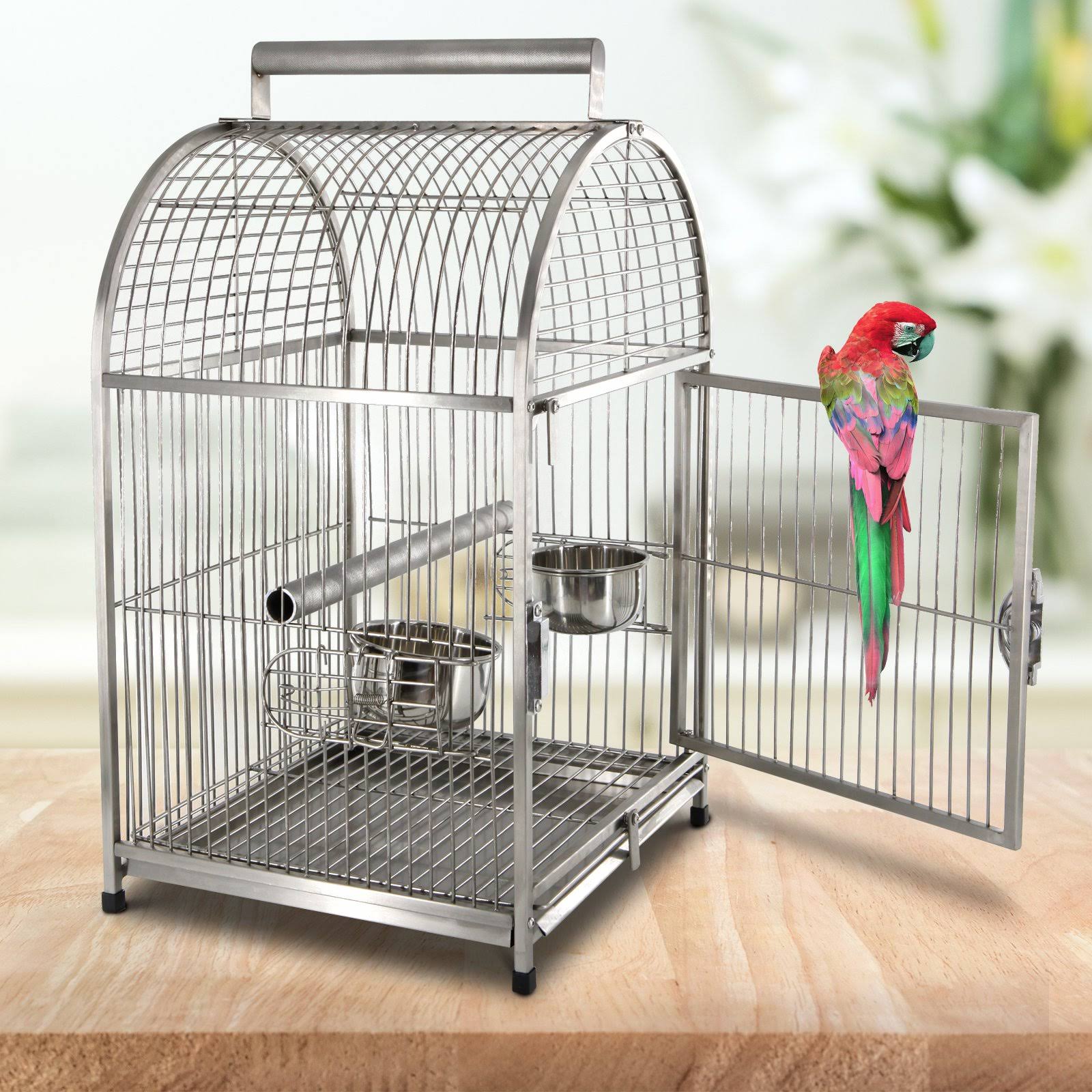 Pawhut 25x22 Dome Top Stainless Steel Parrot Travel Cage Bird Cage Carrier with Handle Perch