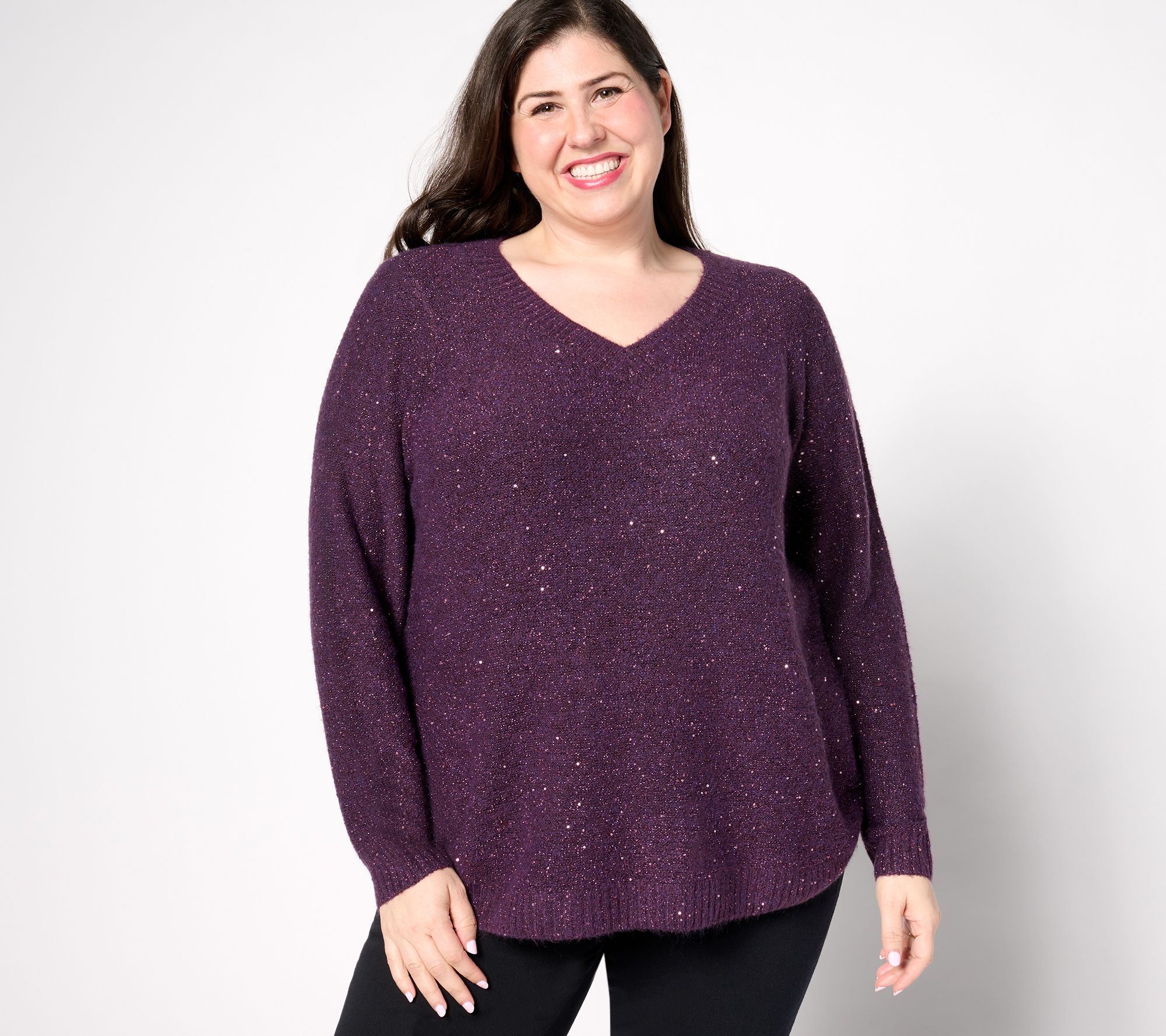 Denim & Co. V-Neck Long Sleeve Sparkle Sweater