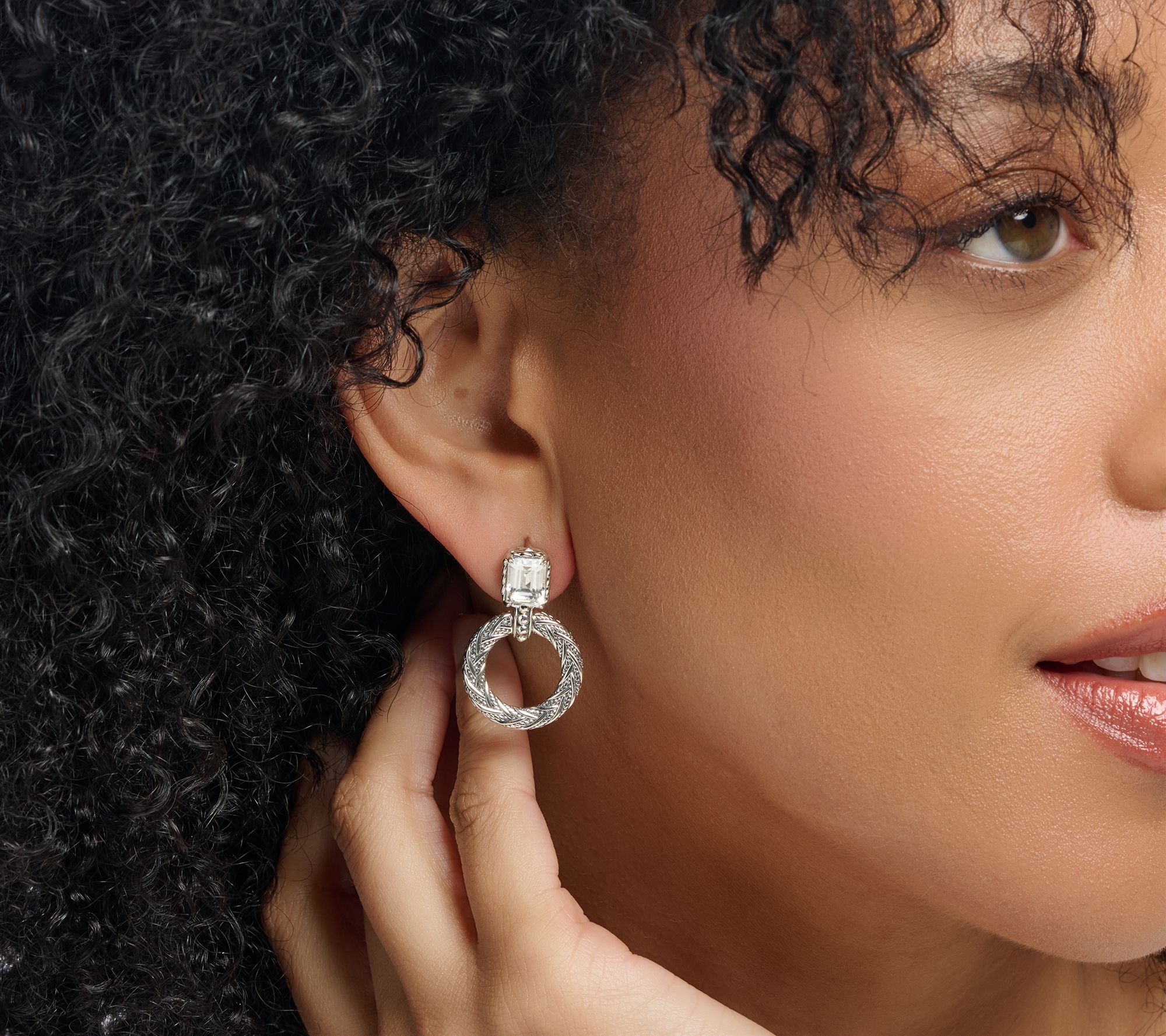 JAI Sterling Silver Legacy Woven Emerald Cut Hoop Earrings