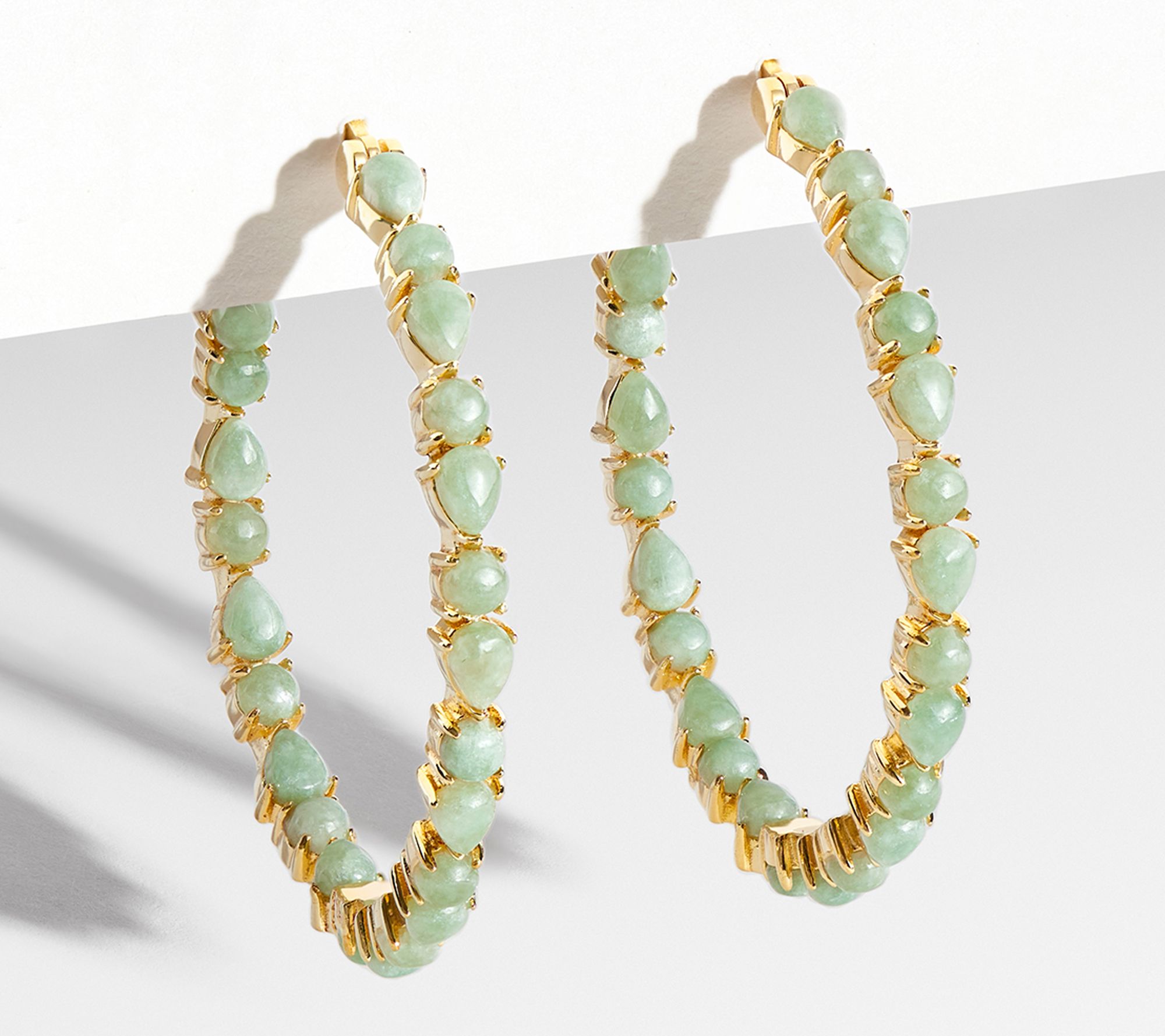Dynasty Jade Pear & Round 40mm Hoop Earrings, 18K Gold Plated