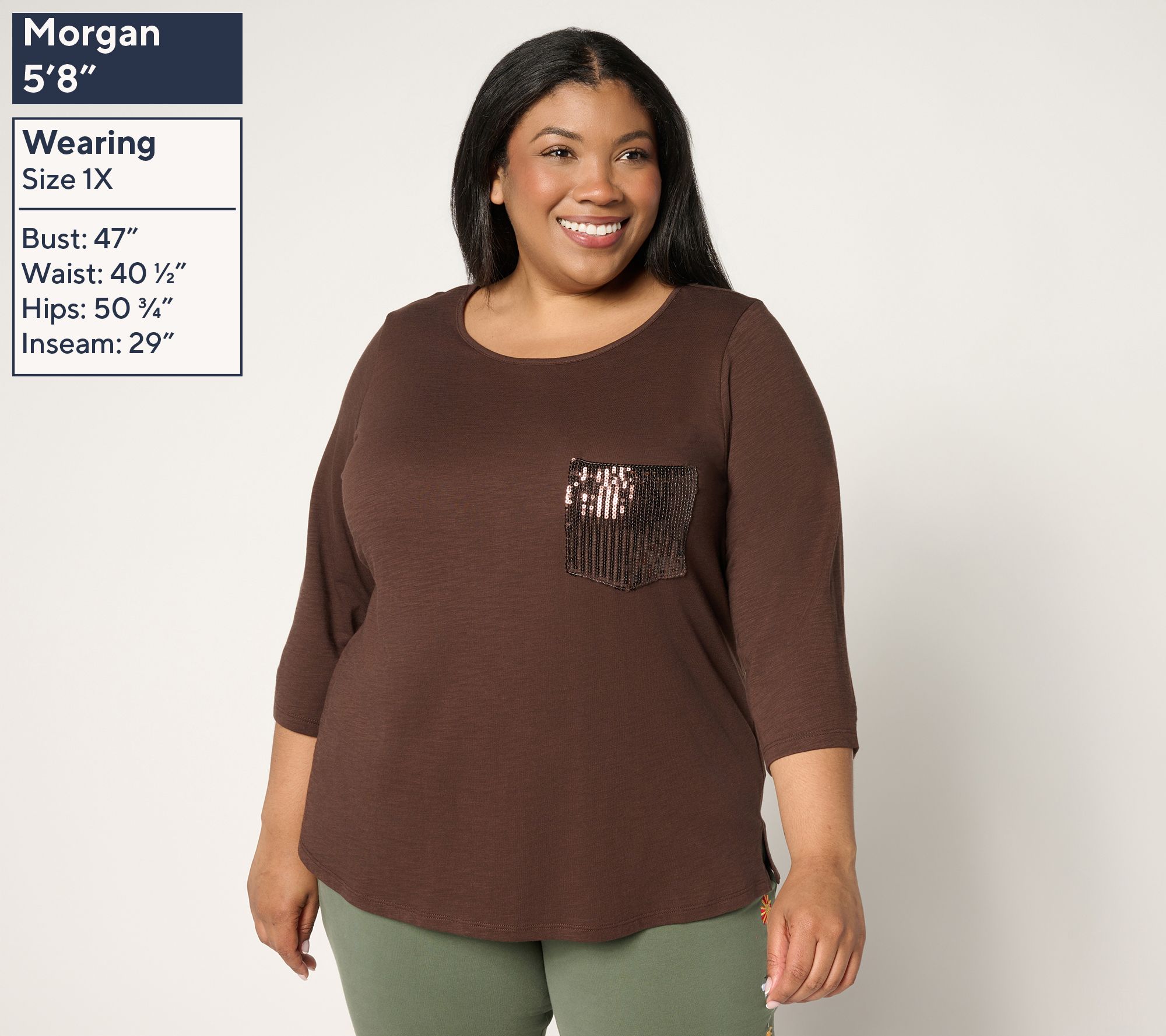 Quacker Factory Set of 2 Sequin Pocket 3/4 Sleeve Tops