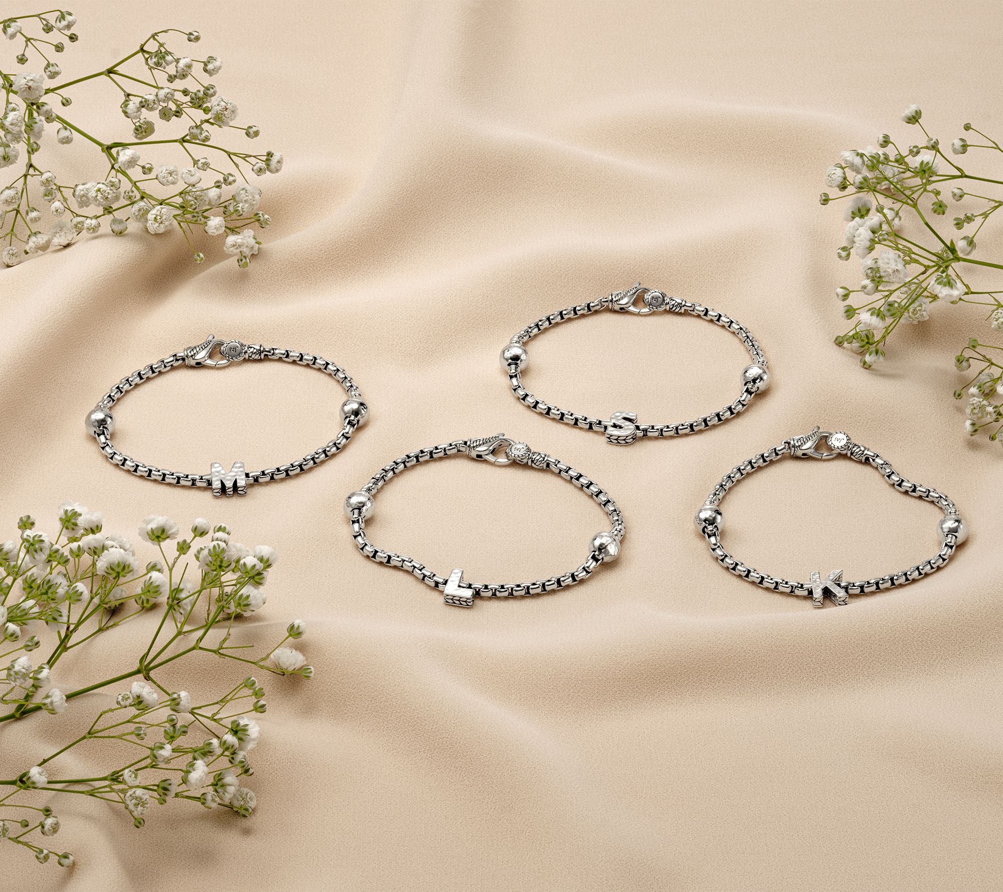 JAI Sterling Silver Initial & Bead 3.7mm Box Chain Bracelet, 11.8g