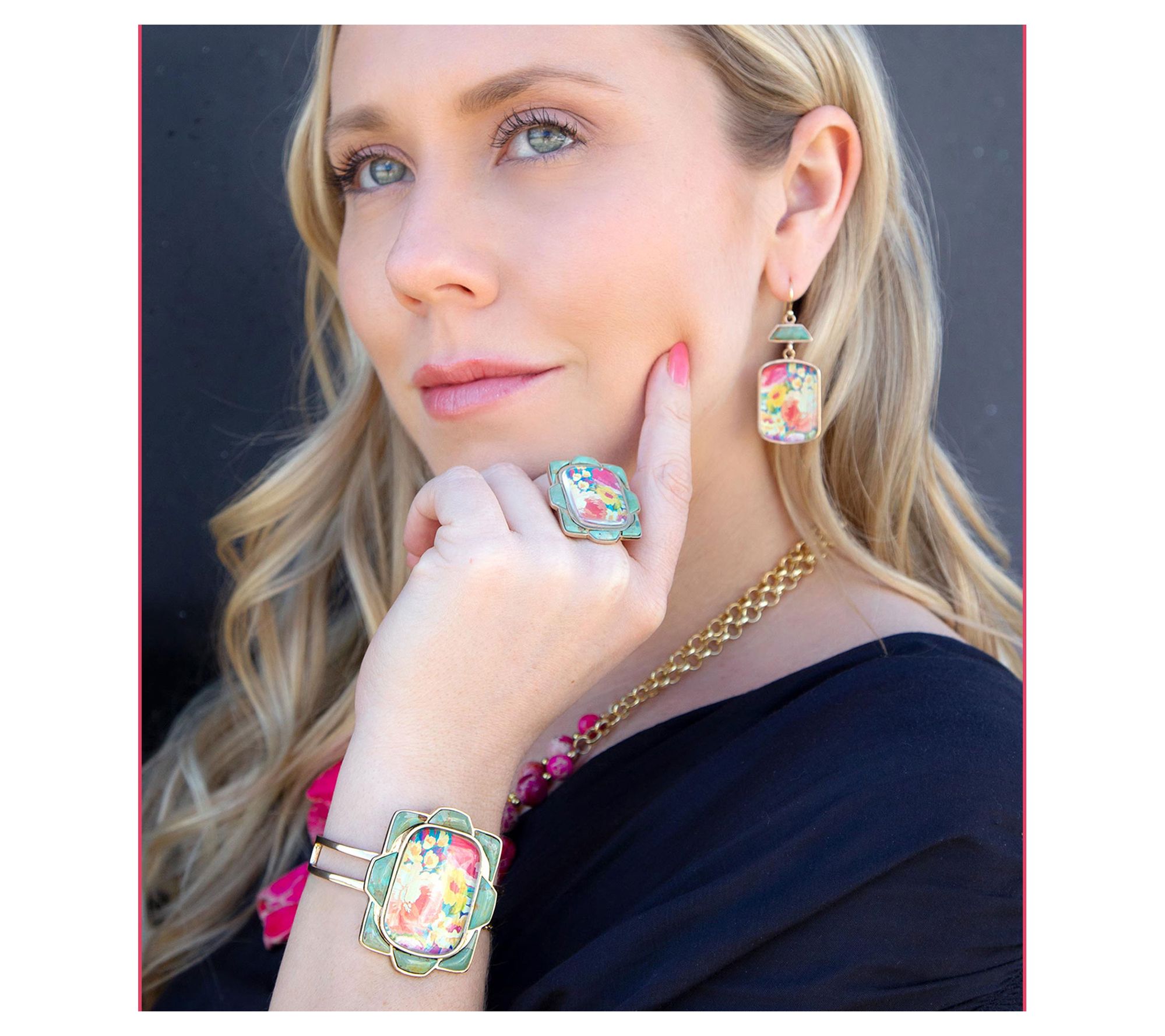 Barse Artisan Crafted Scenic Floral Turquoise Cuff Bracelet