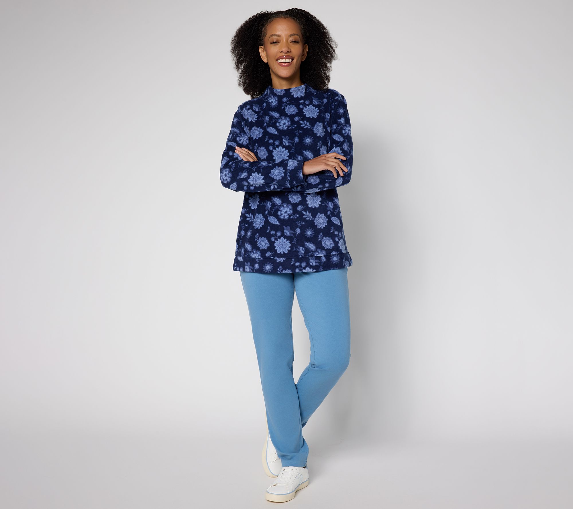 Denim & Co. Printed or Solid Fleece Funnel Neck Top