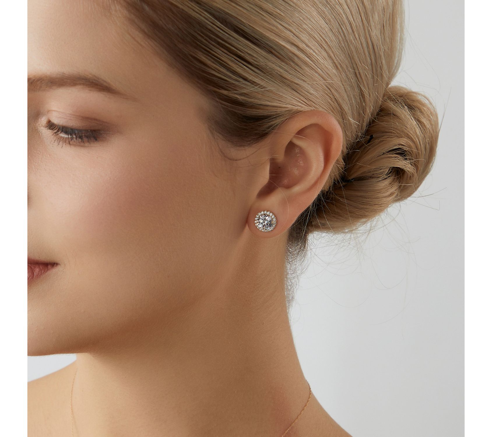 Diamonique 14K Solid Gold 3cttw Halo Stud Earrings