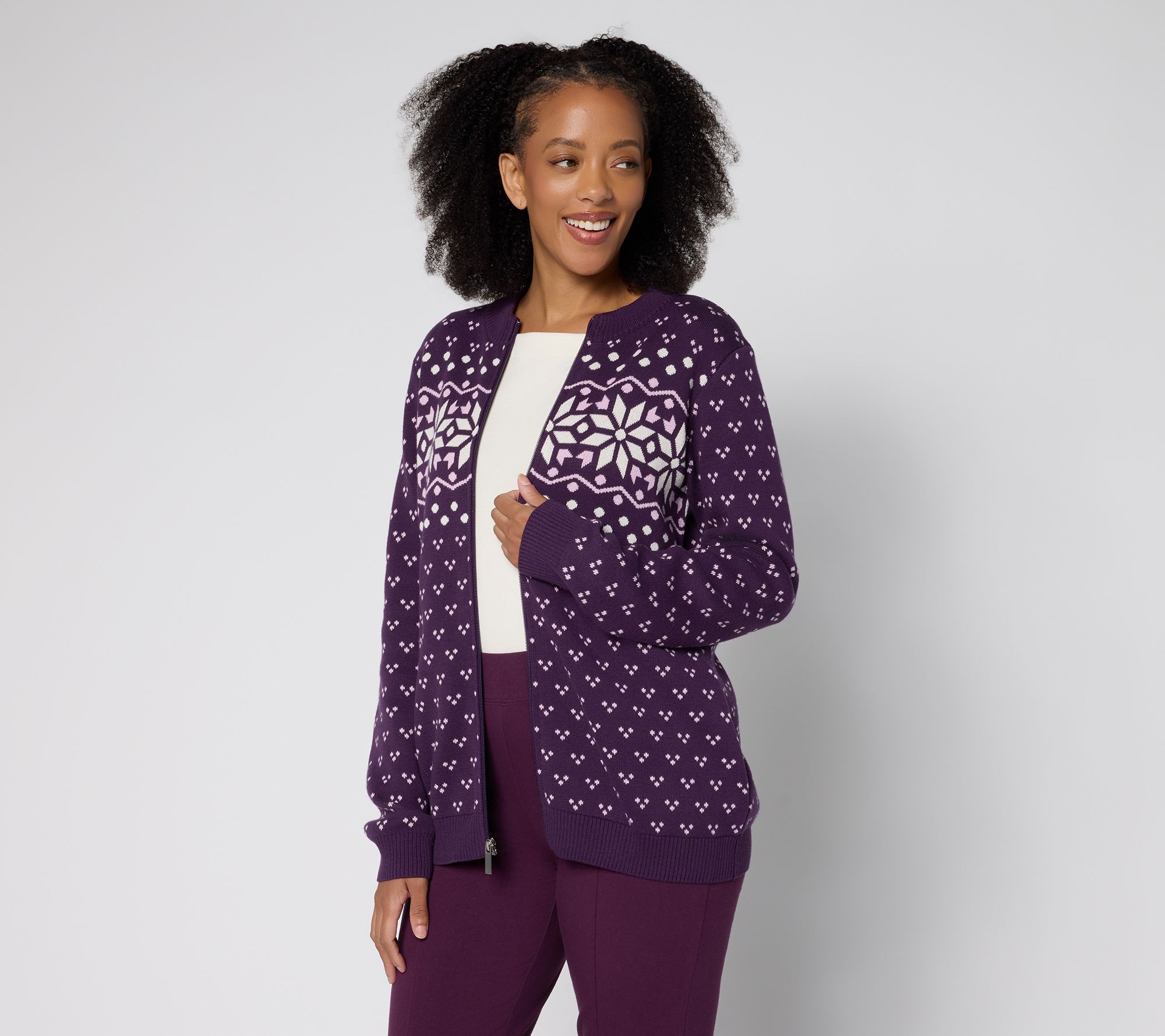 Denim & Co. Archives Zip Front Placed Motif Cardigan