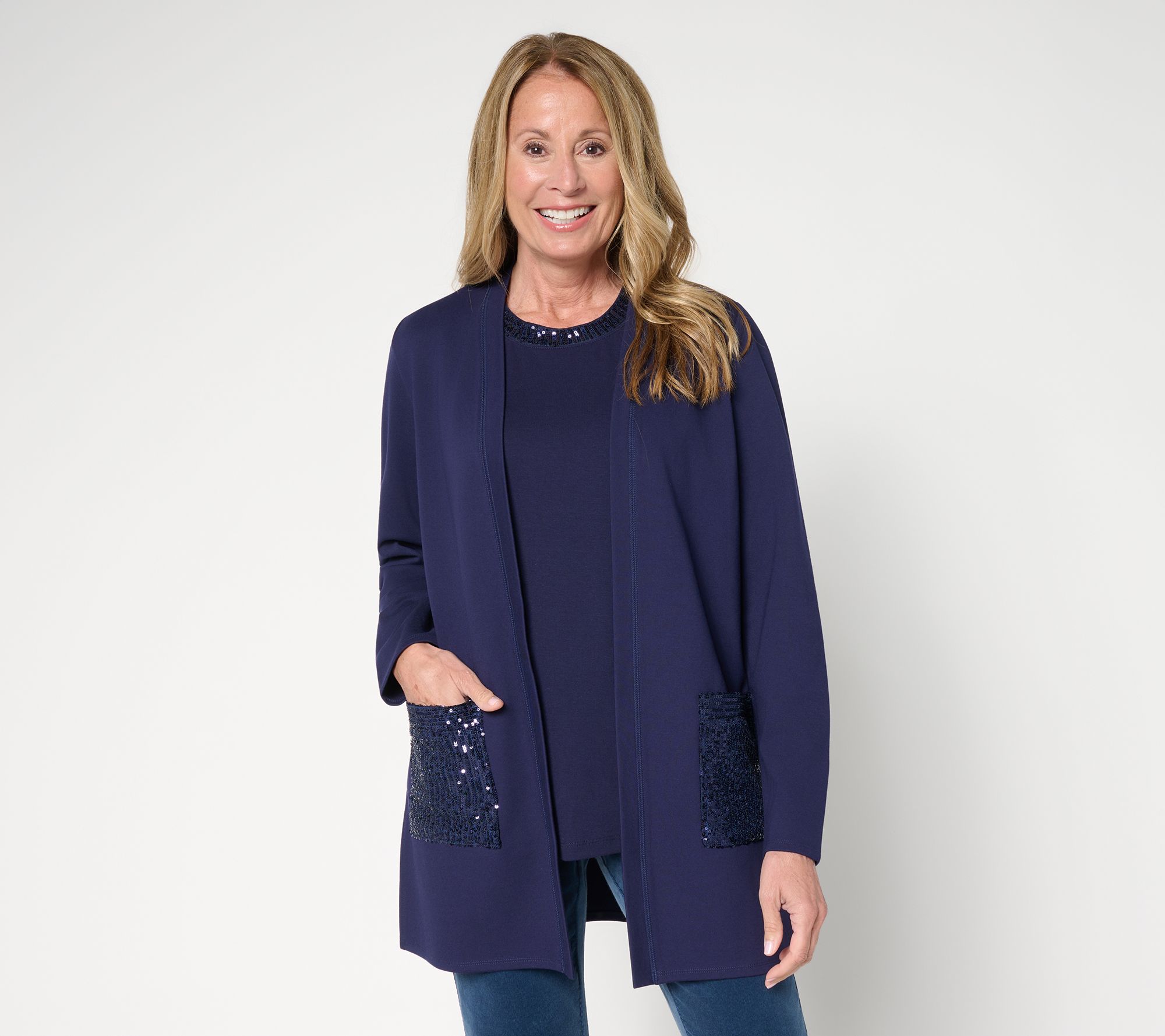 Jingle Belles by Kim Gravel Regular Sequin Pocket Ponte Duster Cardigan