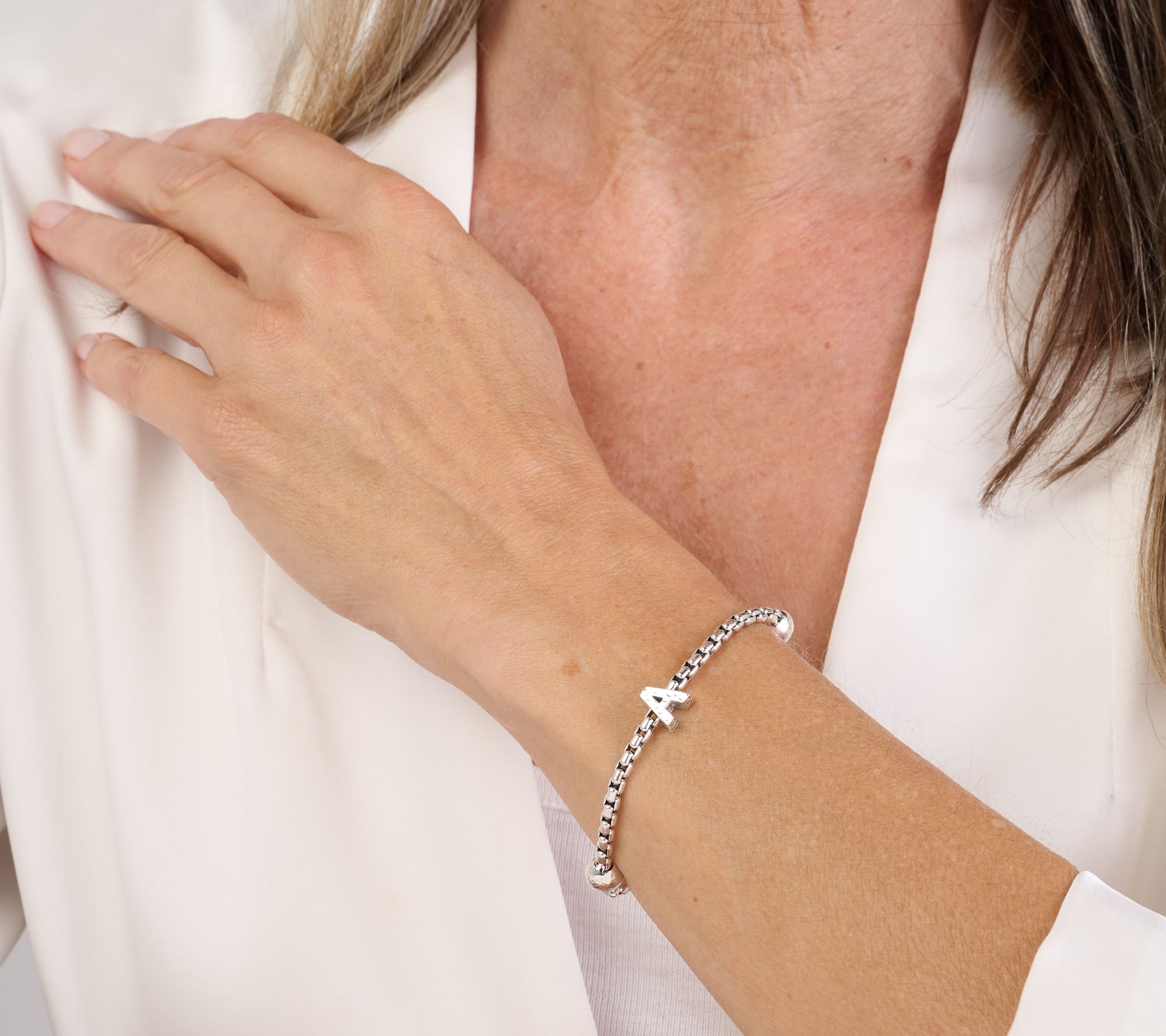 JAI Sterling Silver Initial & Bead 3.7mm Box Chain Bracelet, 11.8g