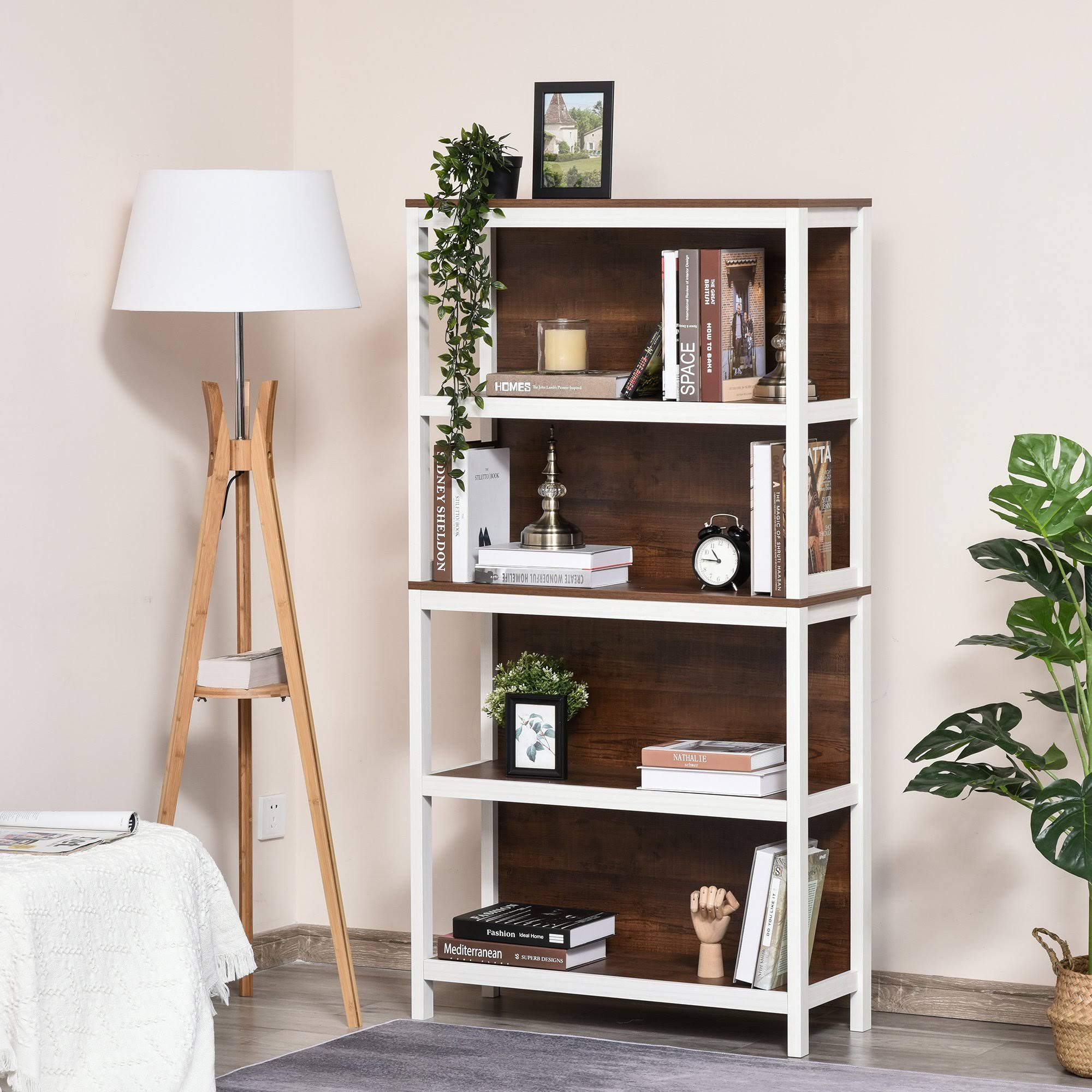 HOMCOM 4 Tier Bookshelf Utility Storage Shelf Organizer with Back Support and Anti-Topple Design - Walnut/White