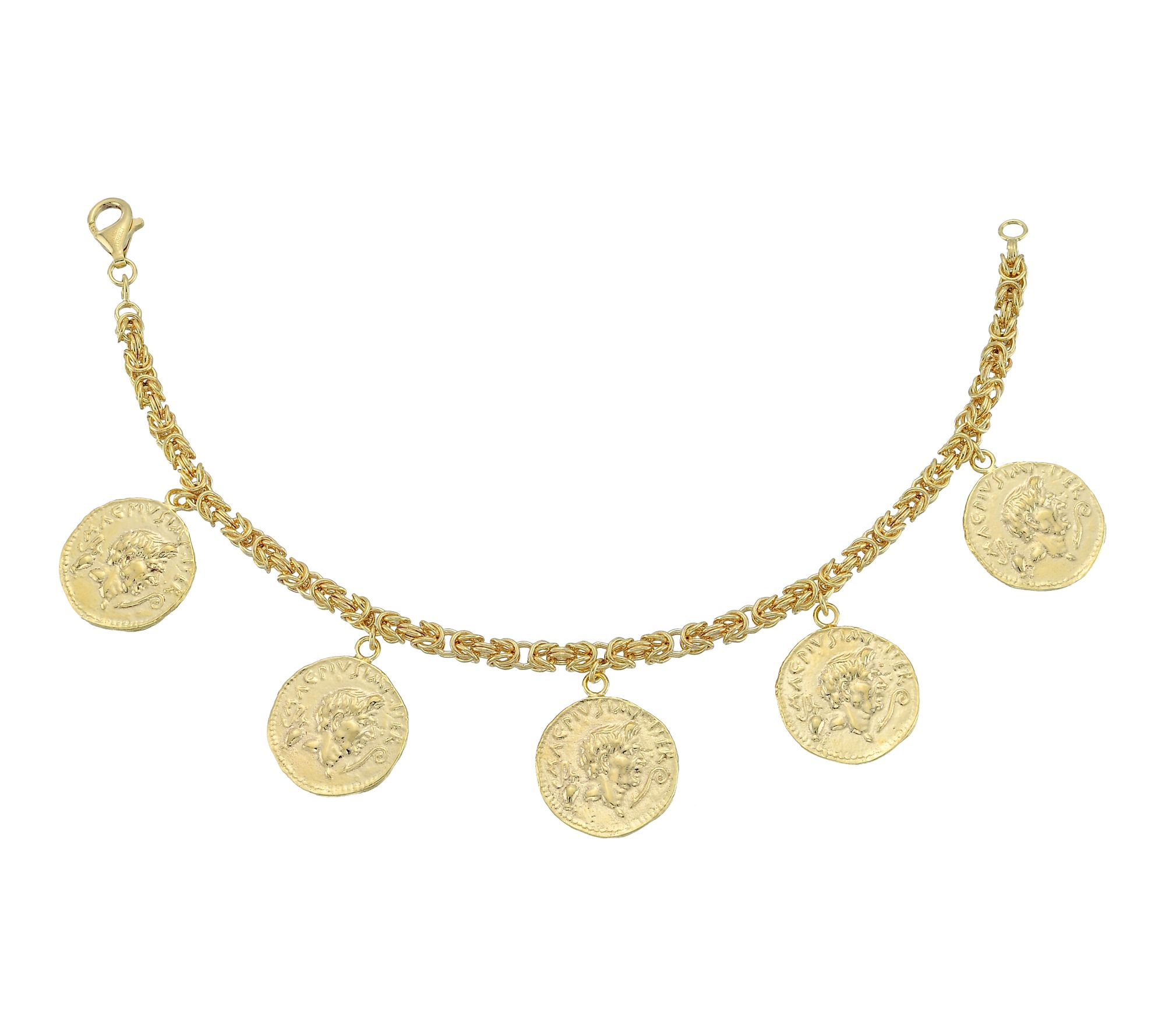 Silver Style Byzantine Dangle Coin Charm Bracelet, Sterling