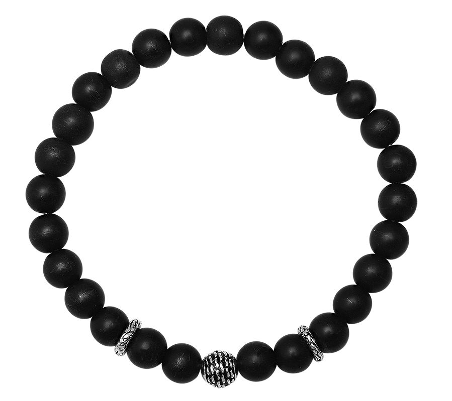 Silver Style Men's Black Beaded Bracelet, Sterling