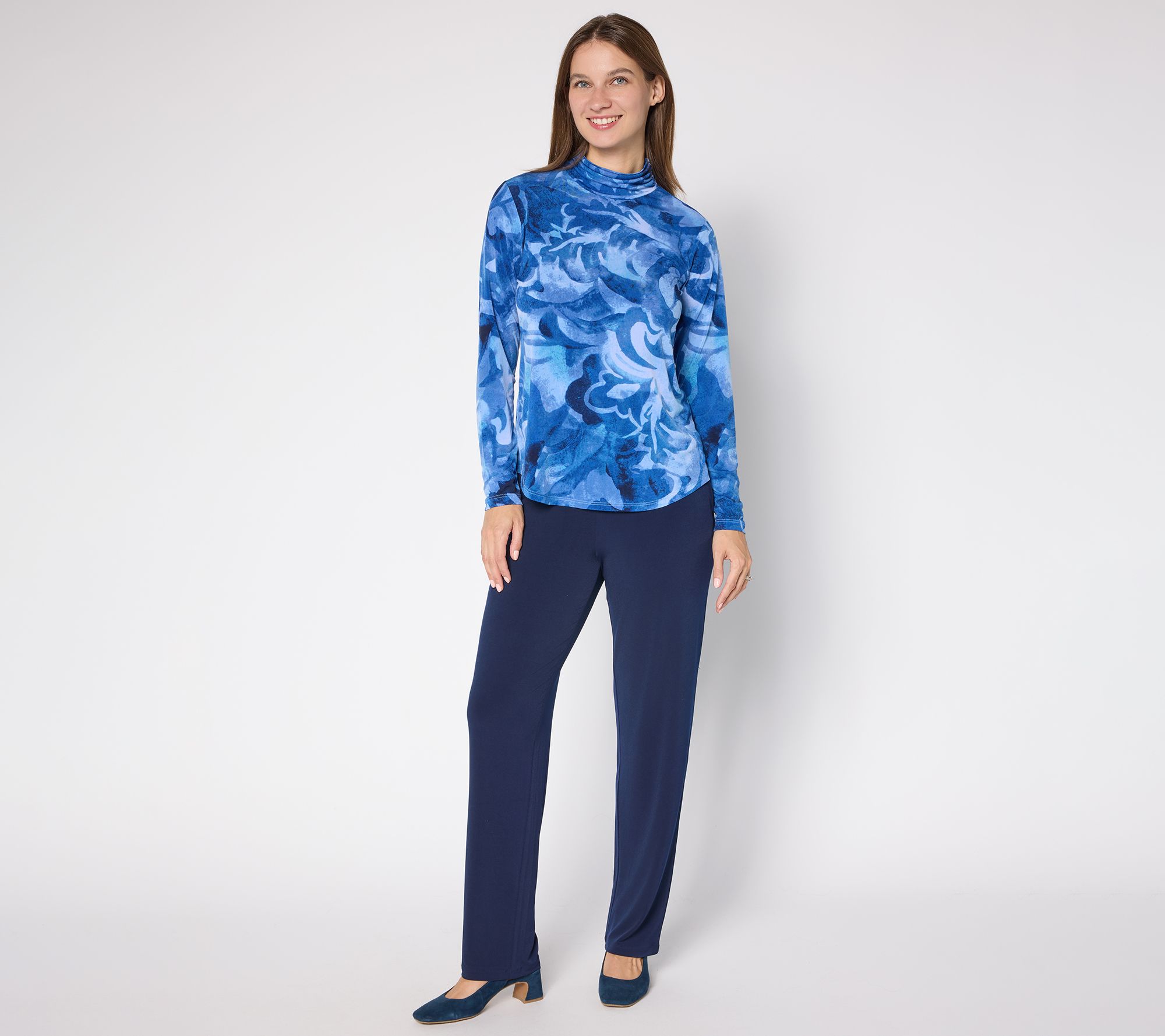 Susan Graver Printed Liquid Knit Ruched Mock Neck Top