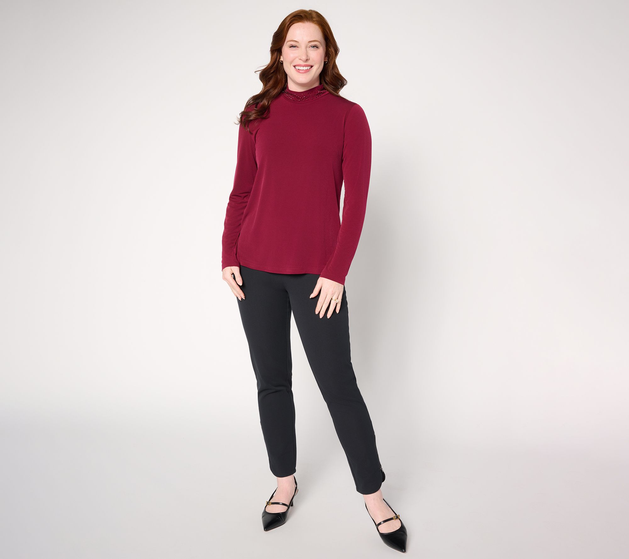 Susan Graver Occasions Liquid Knit Embellished Mock-Neck Top