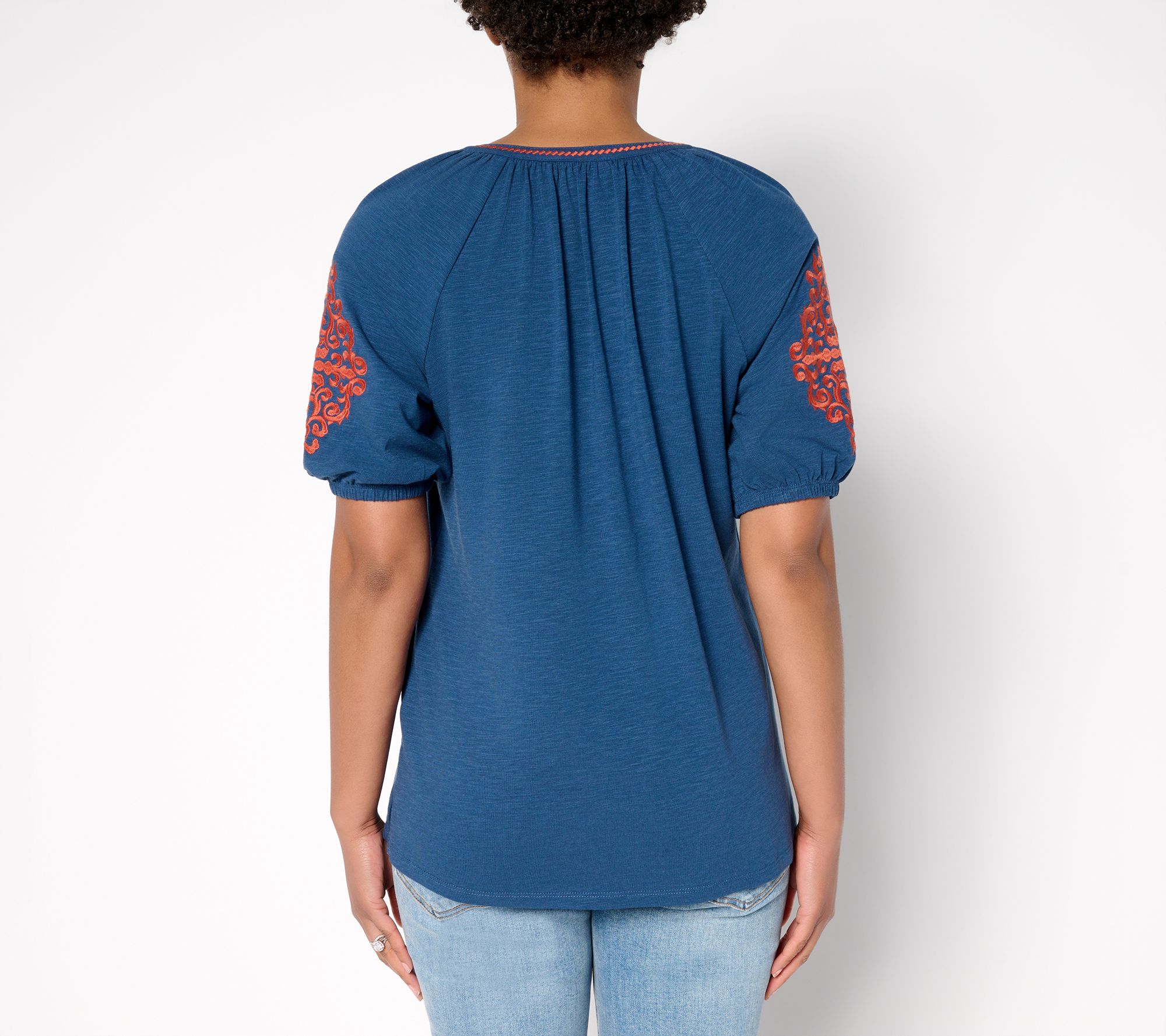 Belle Boho by Kim Gravel Slub Knit Elbow Sleeve Embroidered Top