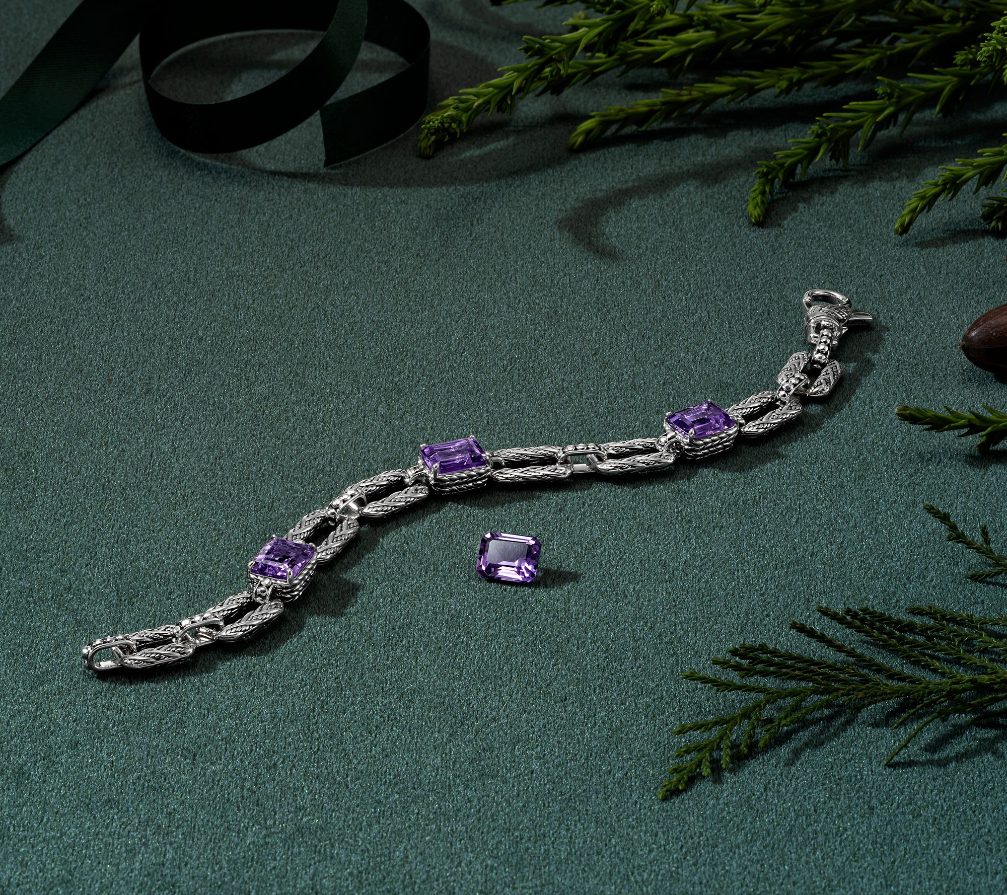 JAI Sterling Silver Legacy Woven Emerald Cut Gem Bracelet