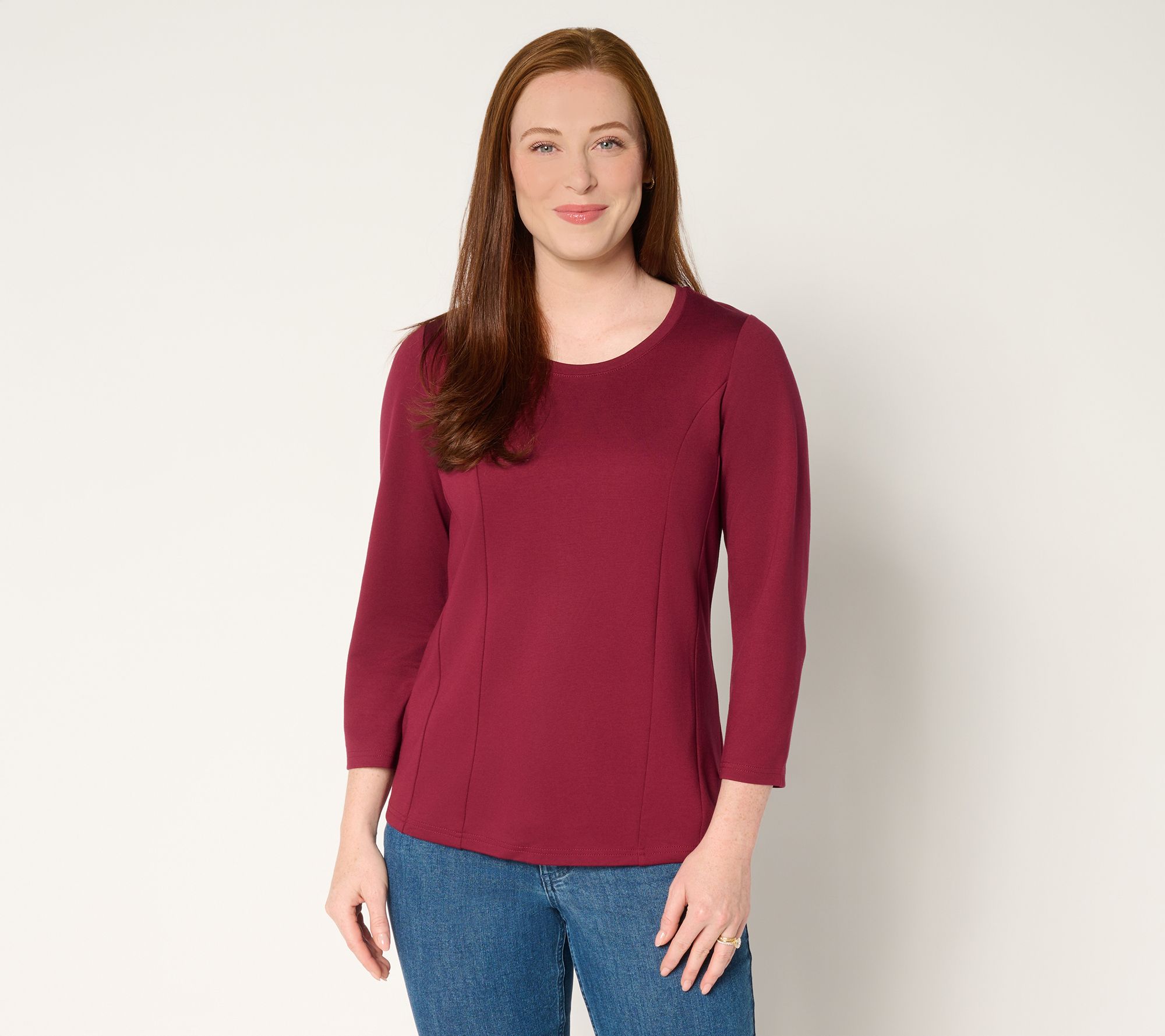 BEAUTIFUL by Lawrence Zarian Silky Ponte Seam Detail Crew Neck Top