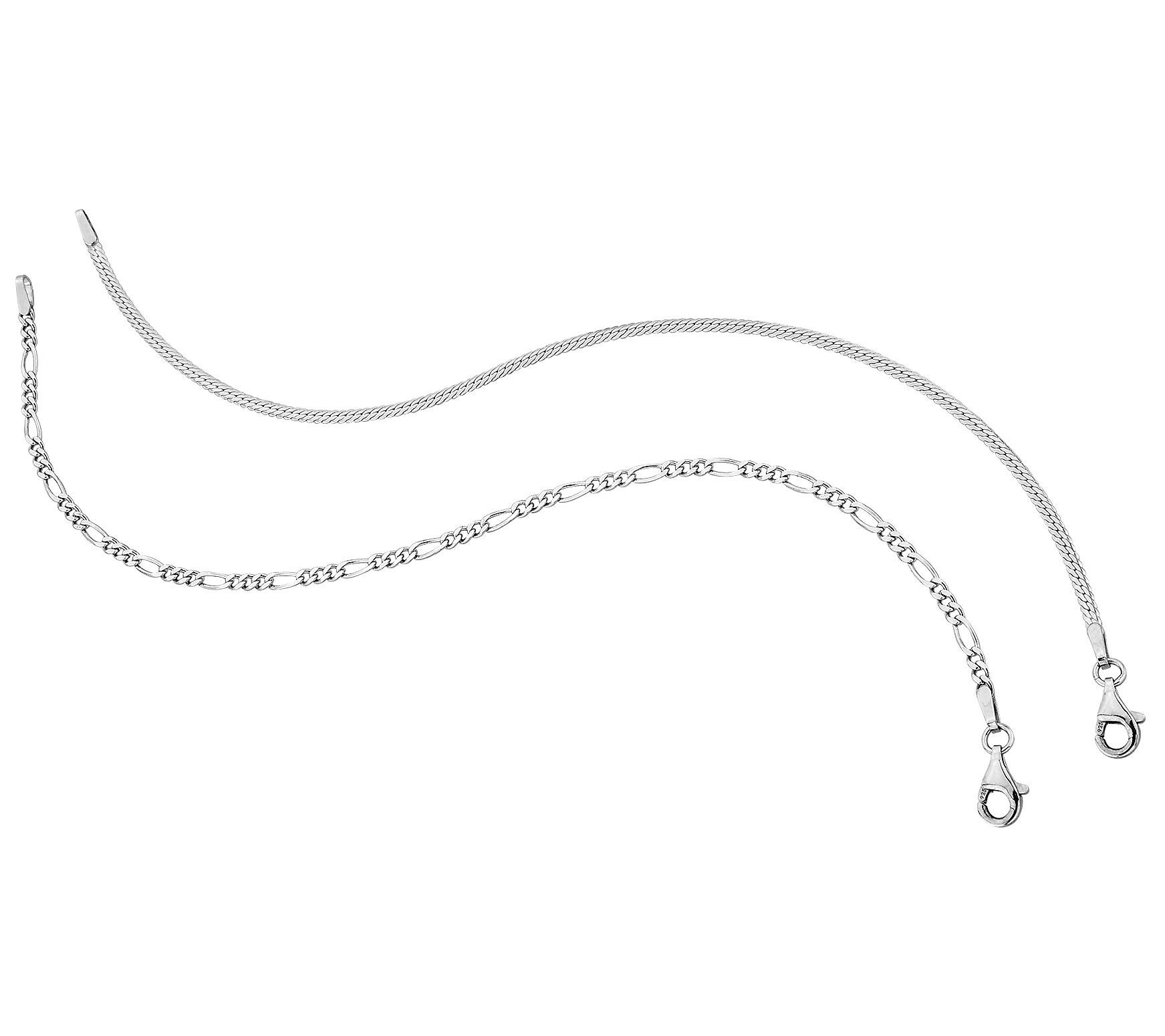 Silver Style Cuban & Figaro Link Set of 2 Bracelets, Sterling