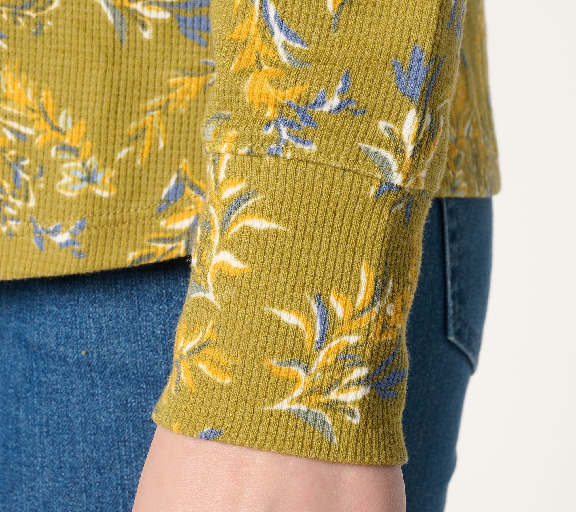 Denim & Co. Printed Floral Waffle Knit Round Neck Top