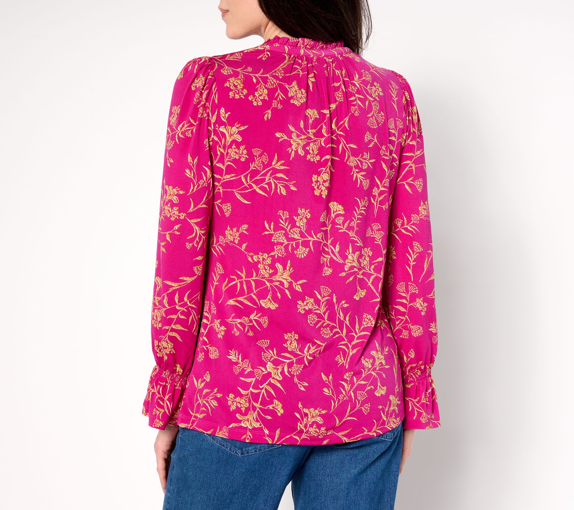 Susan Graver Printed Liquid Knit Bracelet Sleeve Split Neck Top